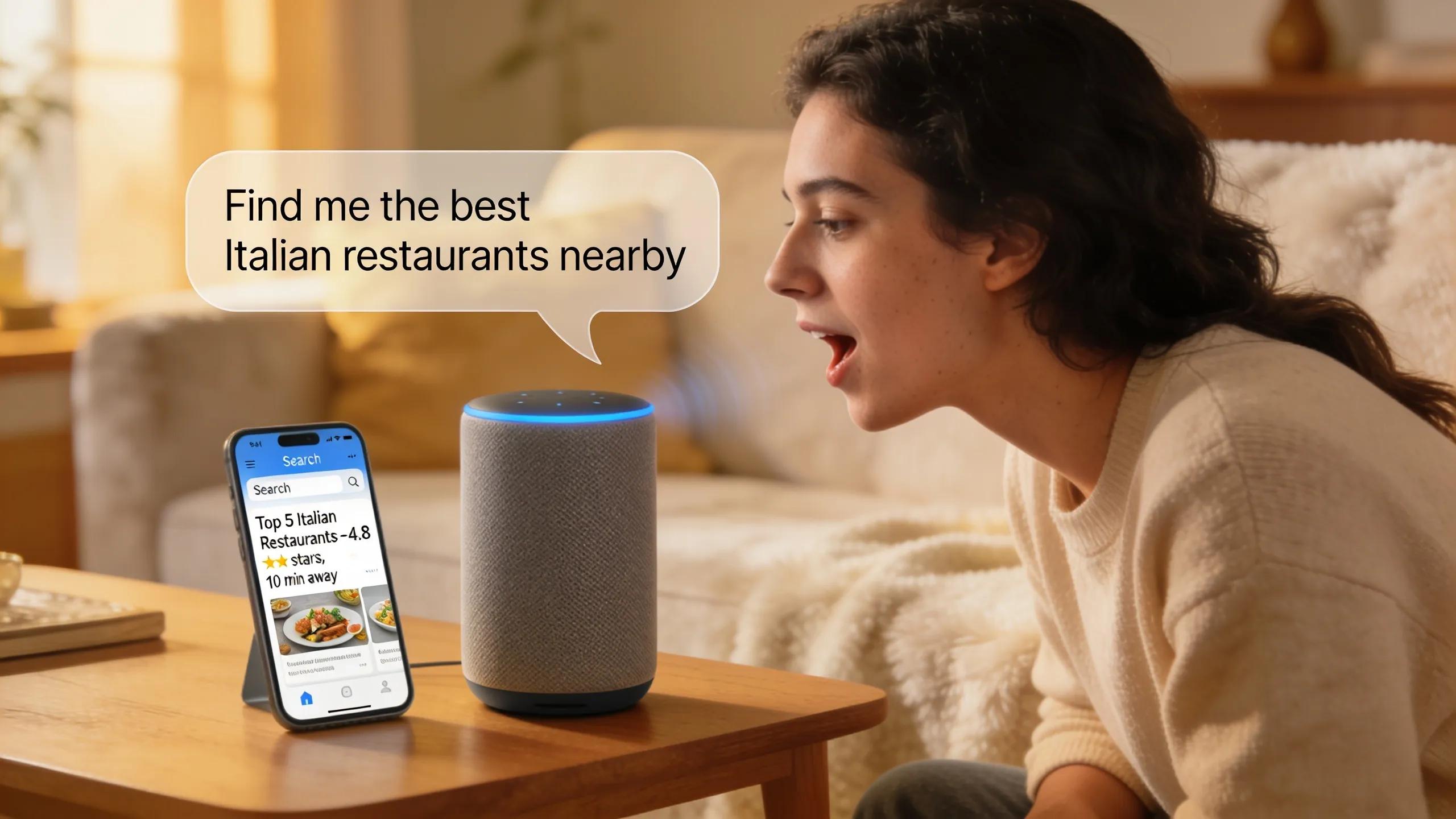 A user in a comfortable home setting interacting with a voice assistant device, showcasing the influence of voice search on user intent with related visual elements.