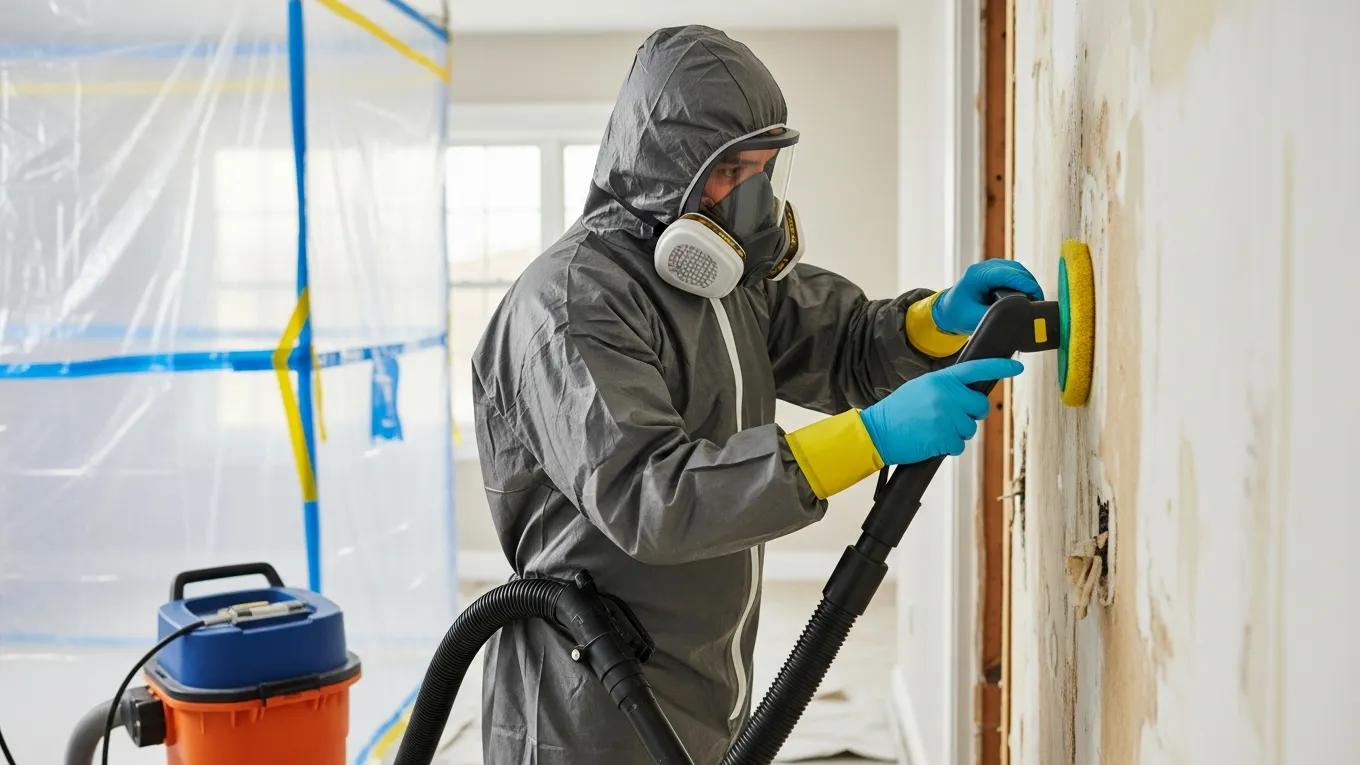 Professional conducting mold remediation in a home, highlighting the importance of safety and restoration