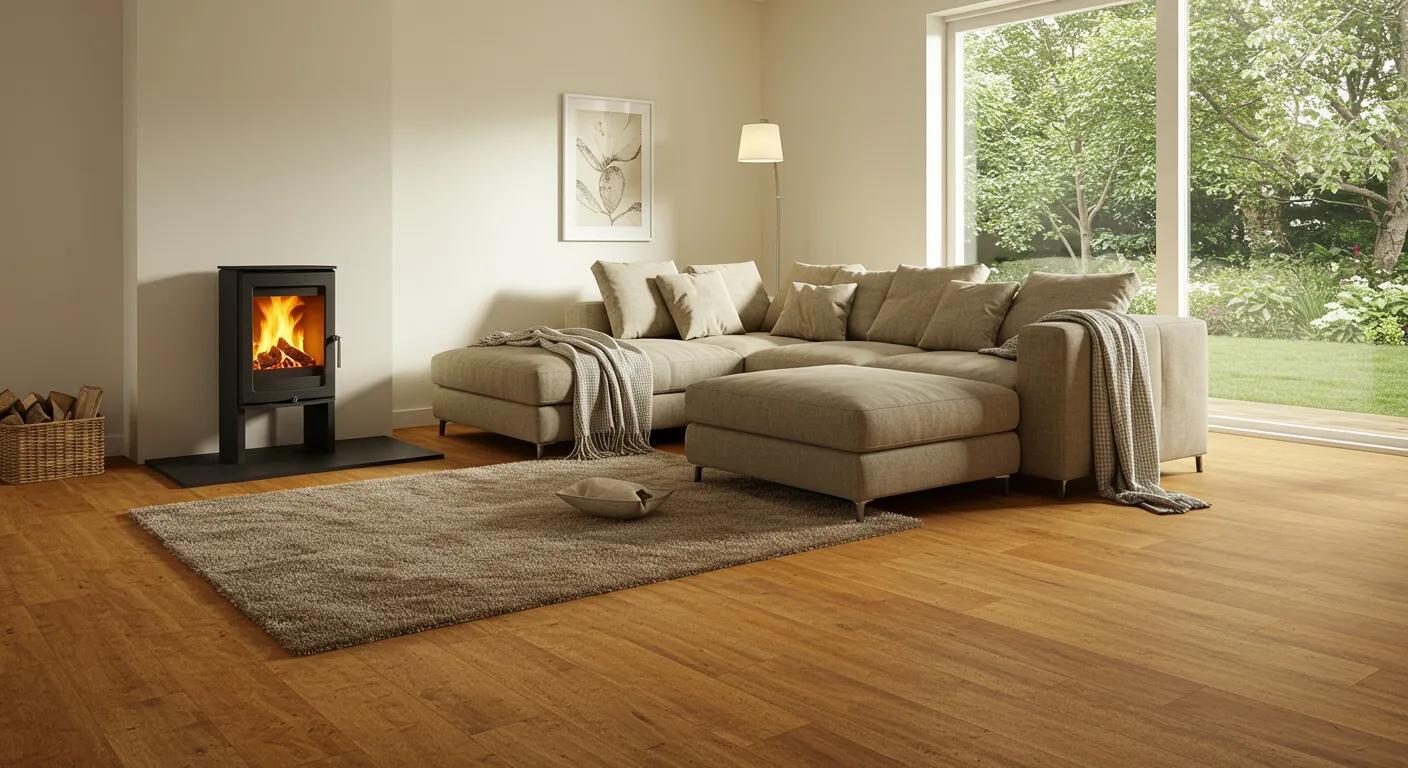 Cozy living room showcasing energy-efficient flooring options like carpet and cork, highlighting comfort and warmth