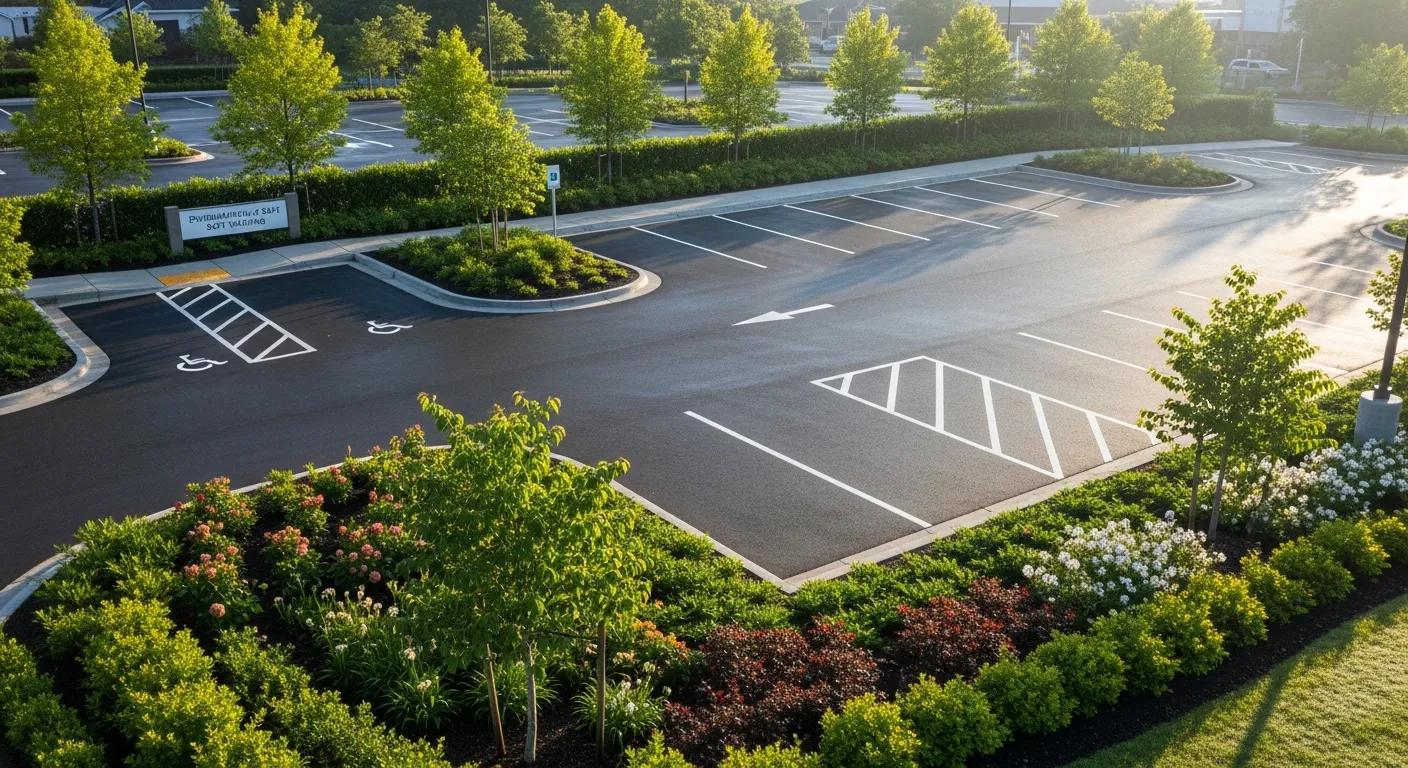 Clean parking lot surrounded by greenery, showcasing the environmental safety of soft washing
