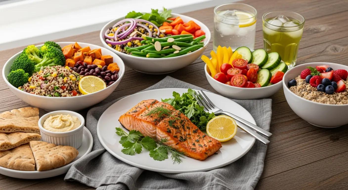 Healthy meal spread with vegetables and whole grains for lowering A1C