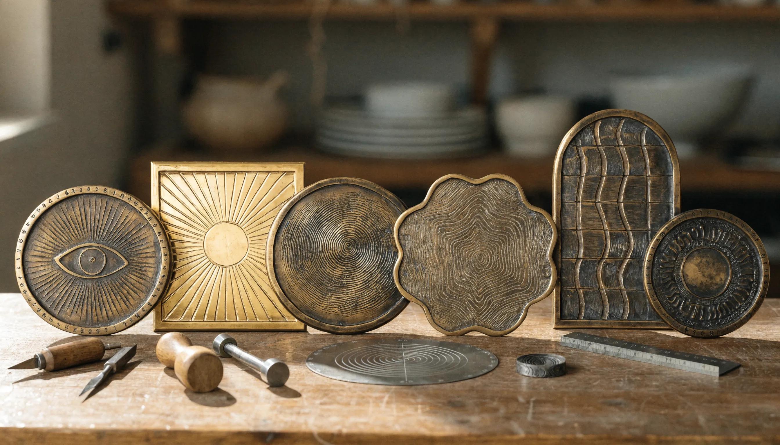 Display of customization options for bevel bronze plaques including engraving styles and artistic symbols