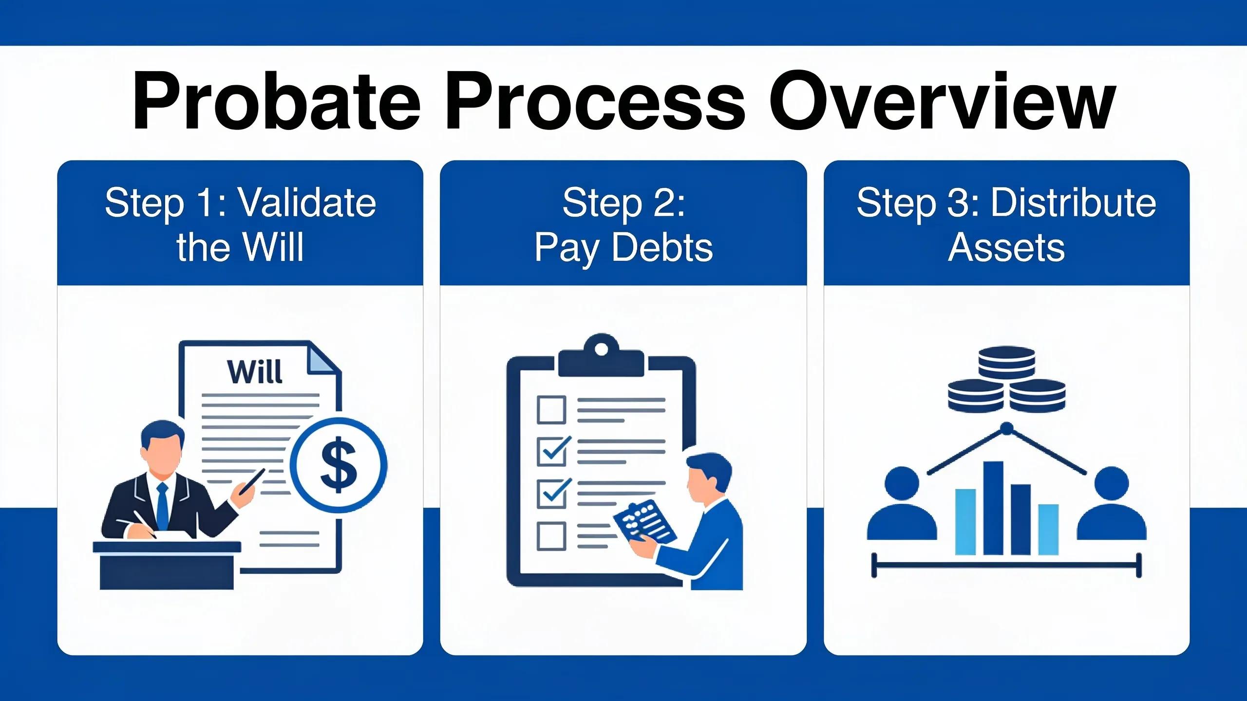 Probate is the legal process of validating a will, paying debts, and distributing assets