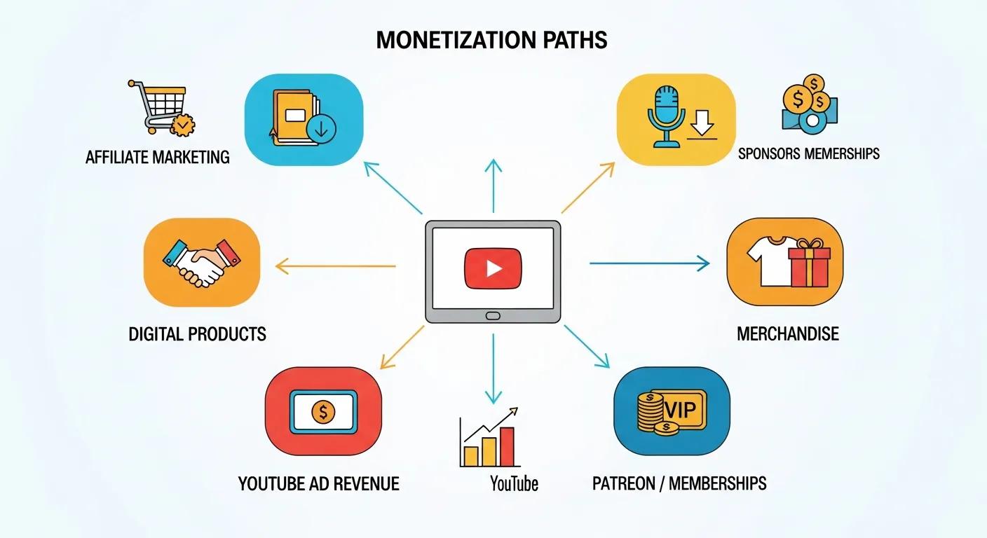 Illustration of monetization paths for faceless YouTube channels Illustration of monetization paths for faceless YouTube channels