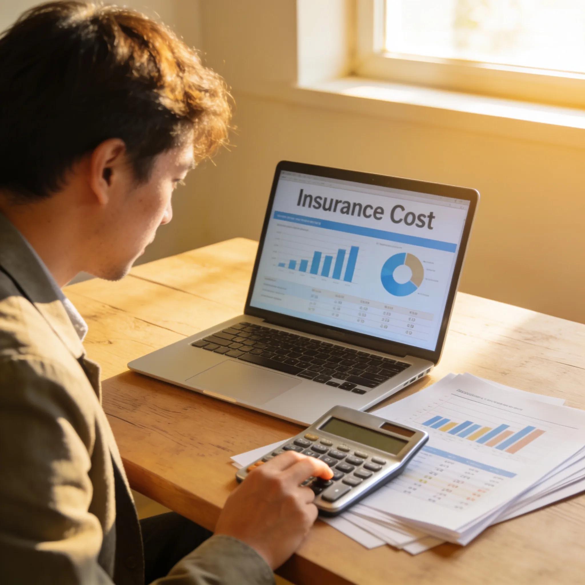 Small business owner analyzing liability insurance costs and factors affecting premiums in a modern office environment