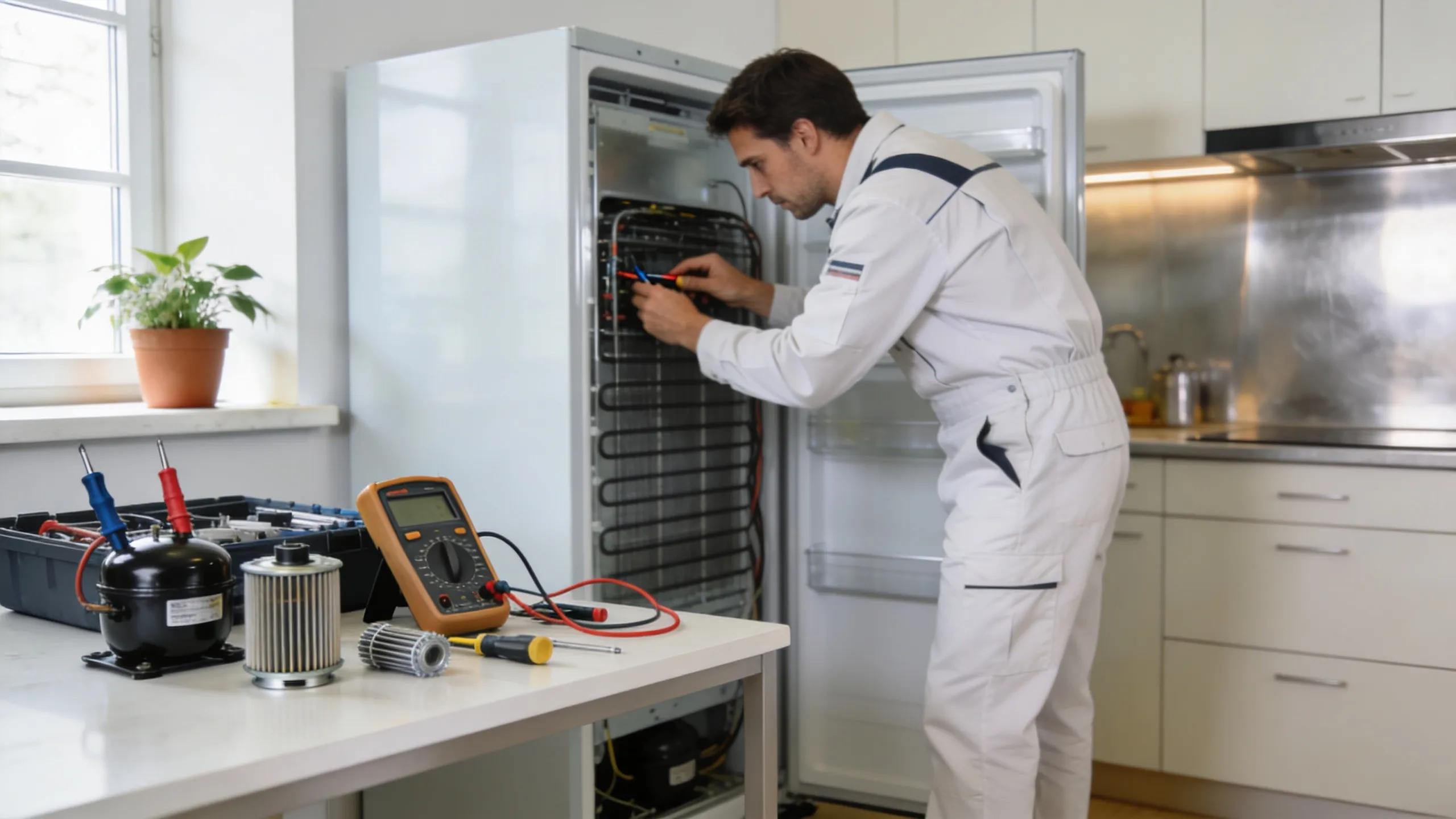 Refrigerator repair technician working on a modern appliance in a bright kitchen