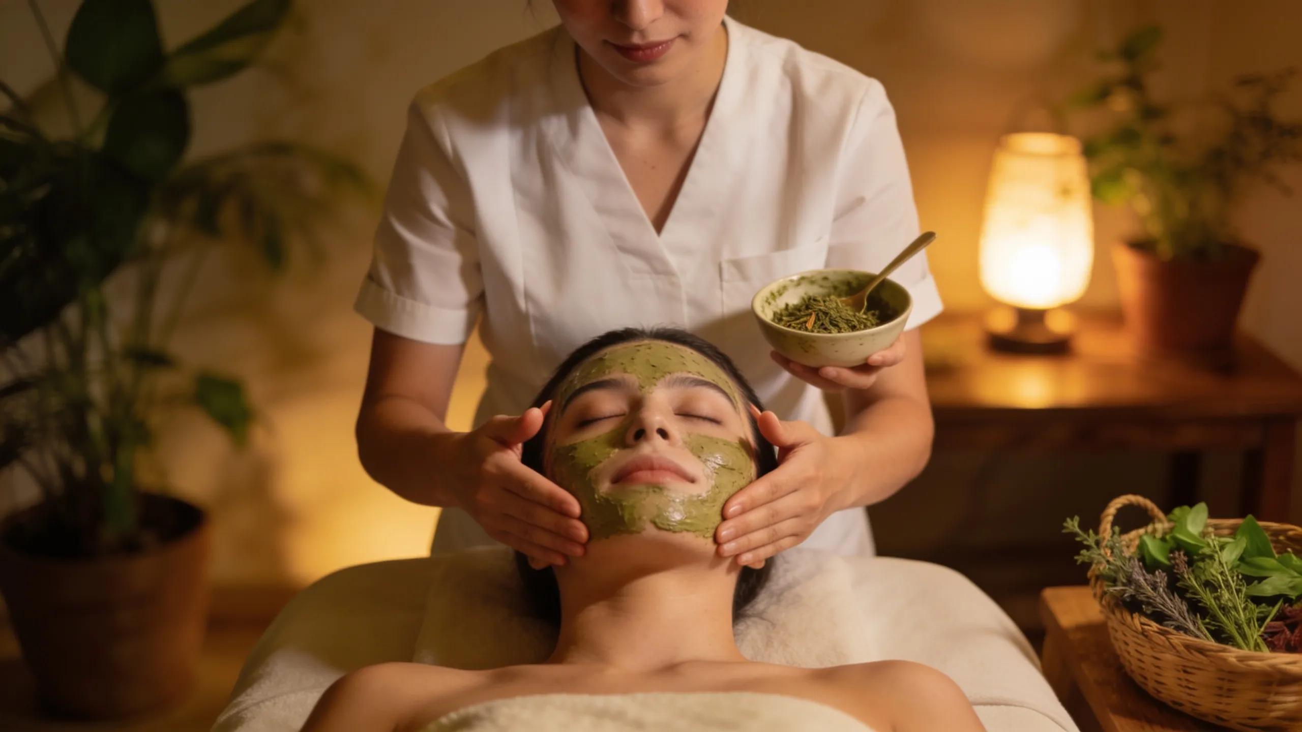 Esthetician performing a relaxing herbal facial treatment with a focus on massage and natural ingredients