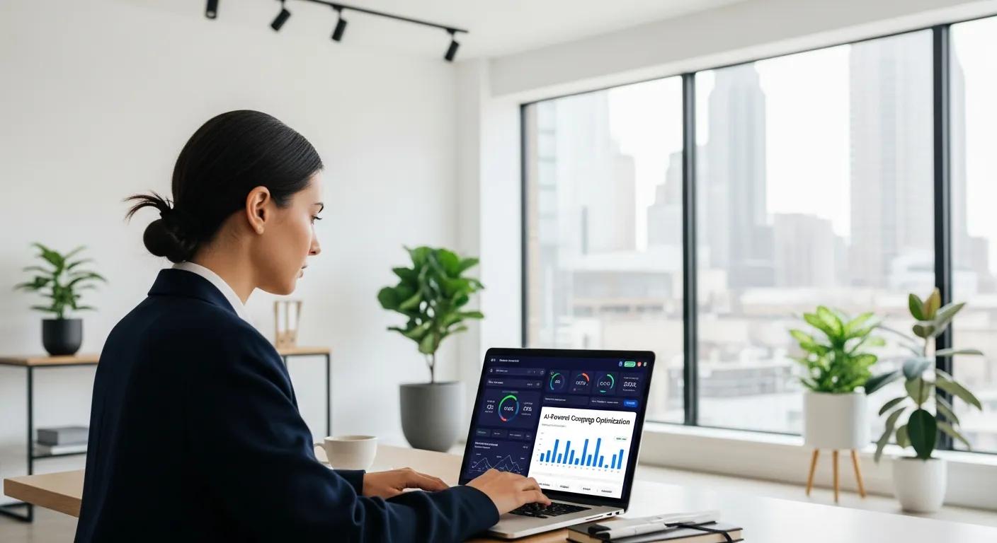 Small business owner using AI-powered marketing system on laptop in a modern office