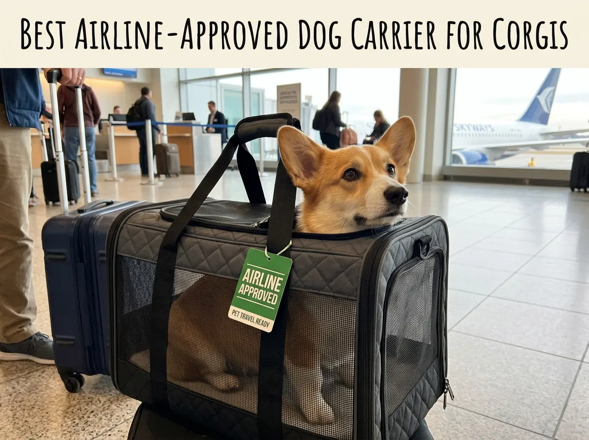 Happy dog resting in an airline-approved dog carrier at the airport
