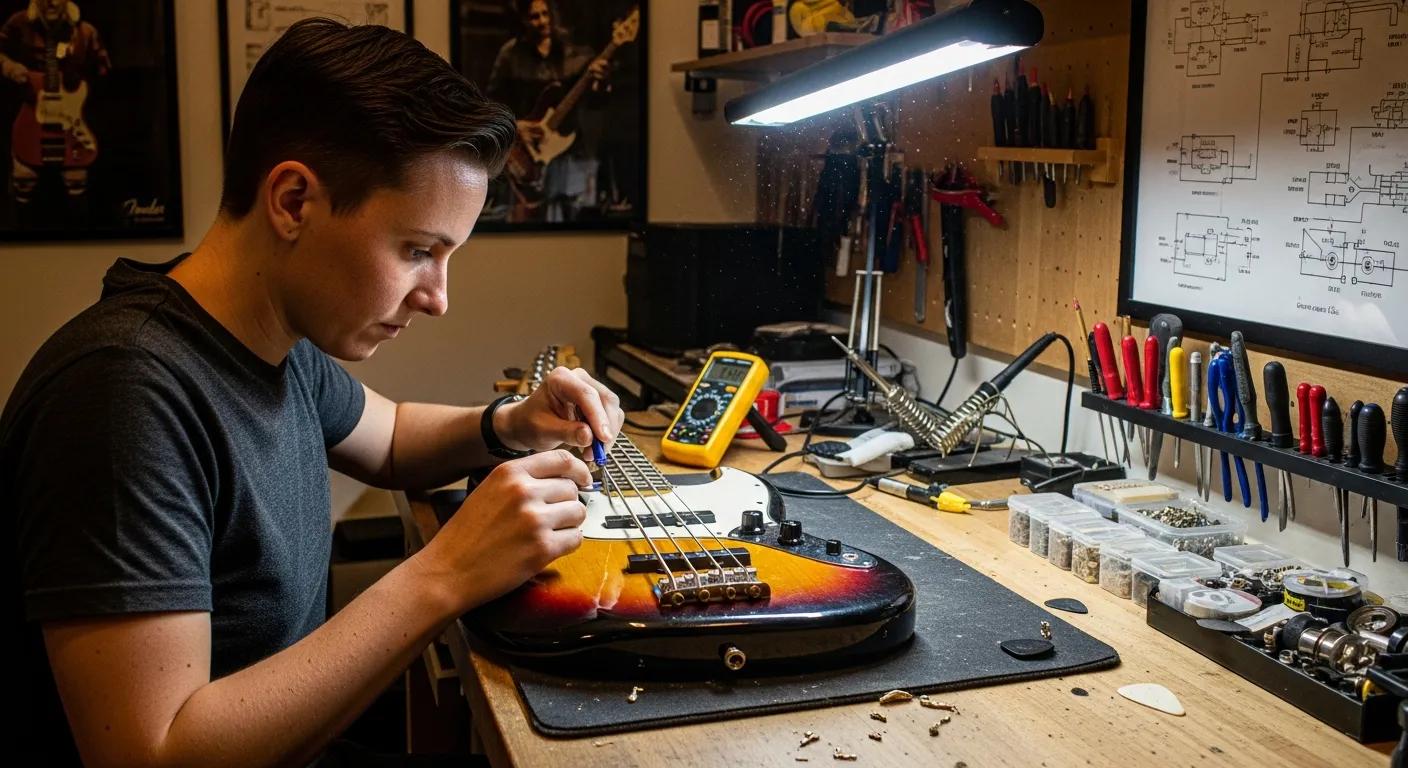 Technician performing maintenance on a bass guitar in a professional workshop
