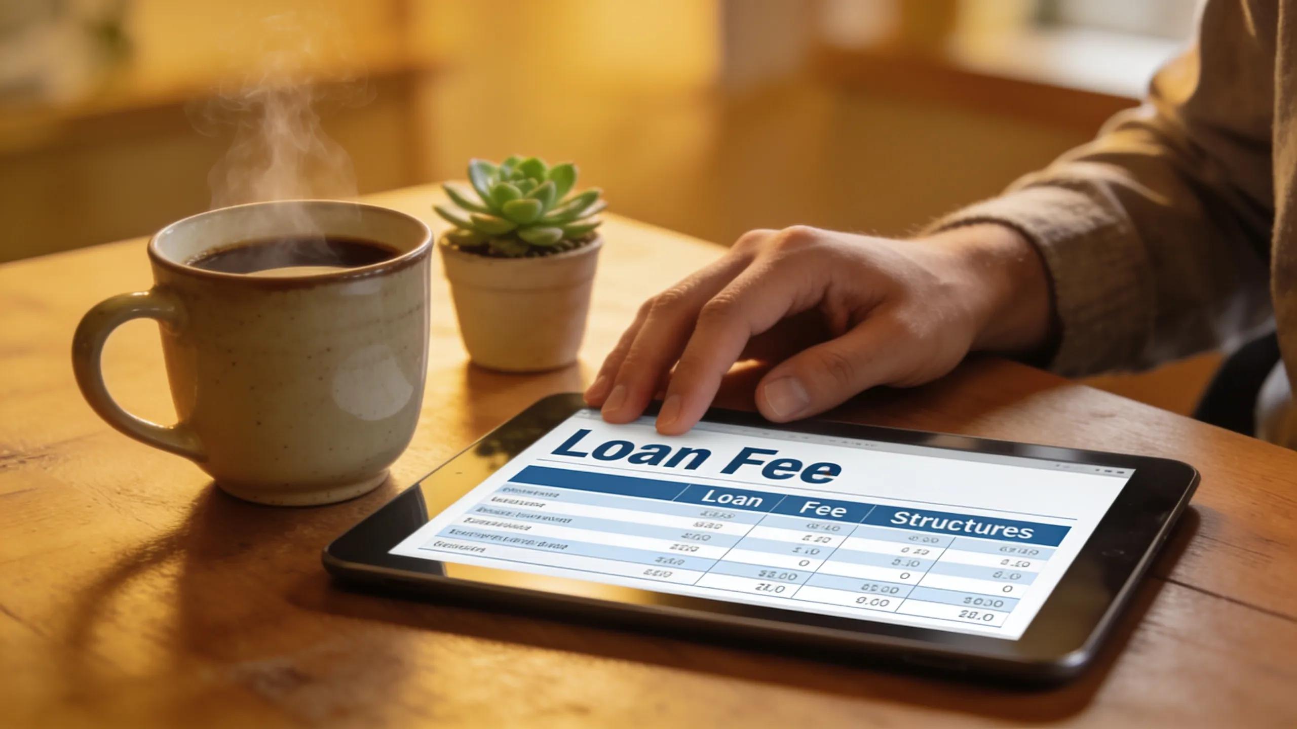 Individual analyzing loan fee structures on a tablet in a cozy environment Individual analyzing loan fee structures on a tablet in a cozy environment