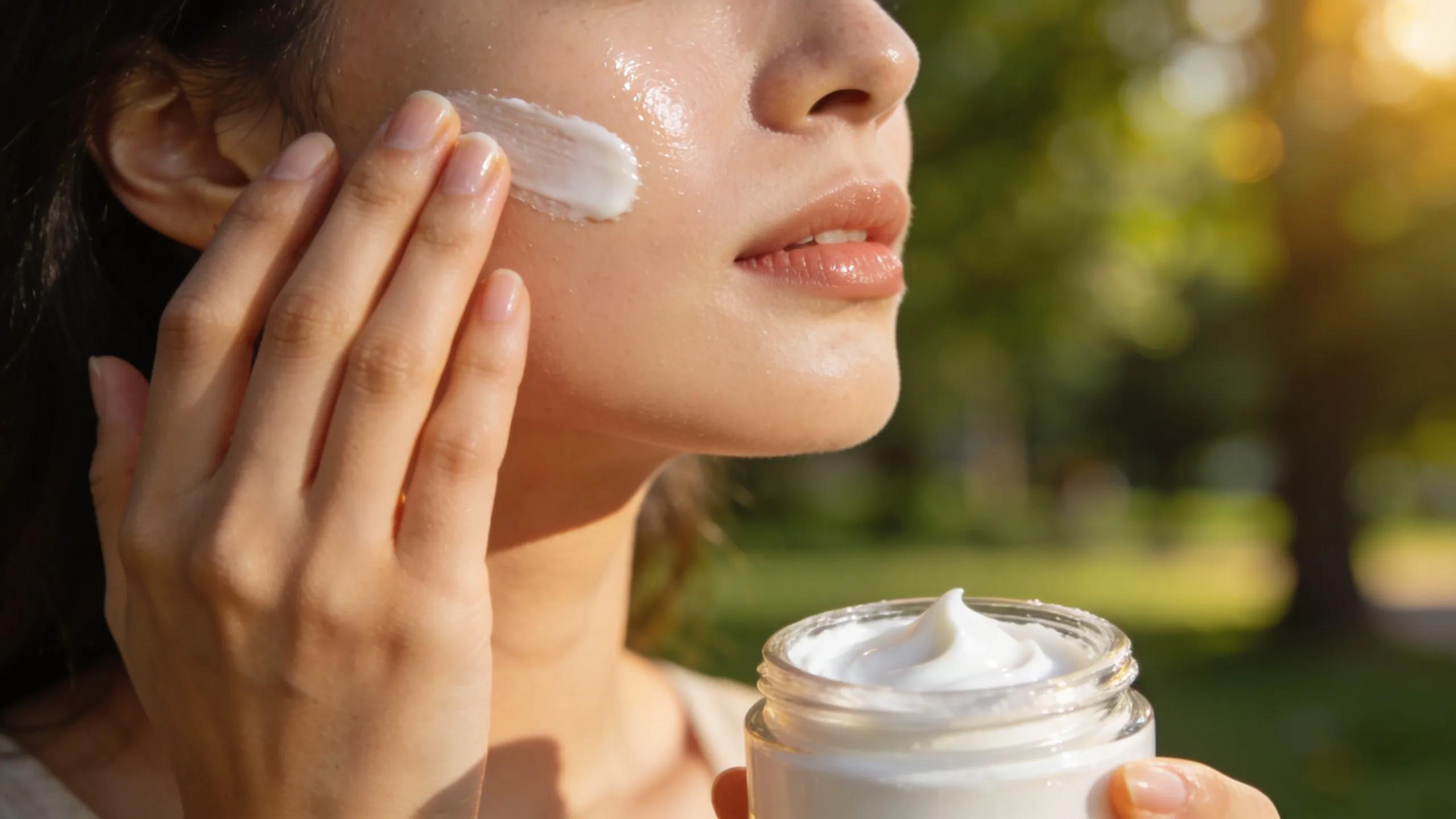 Person gently applying mineral sunscreen to their face, showing a non-irritating, protective layer