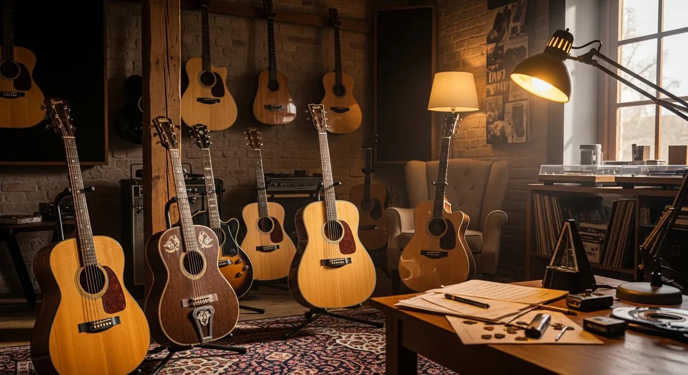 Acoustic guitars, from a vintage classical model to a modern steel-string, displayed in a warm, inviting music studio