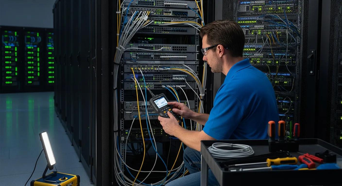 Technician validating network cabling in a server rack