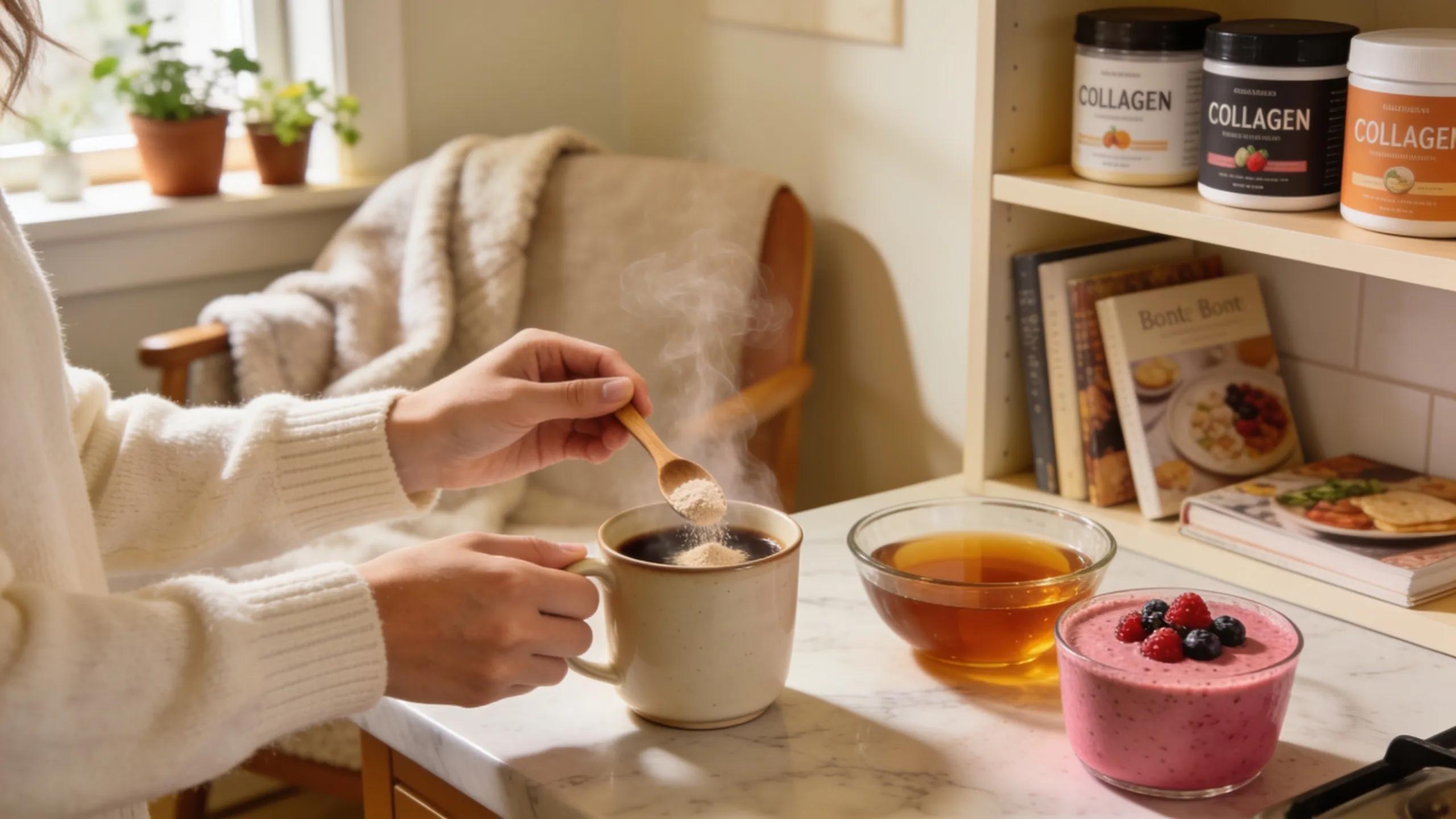 Person adding collagen powder to coffee in a cozy kitchen, suggesting daily supplementation