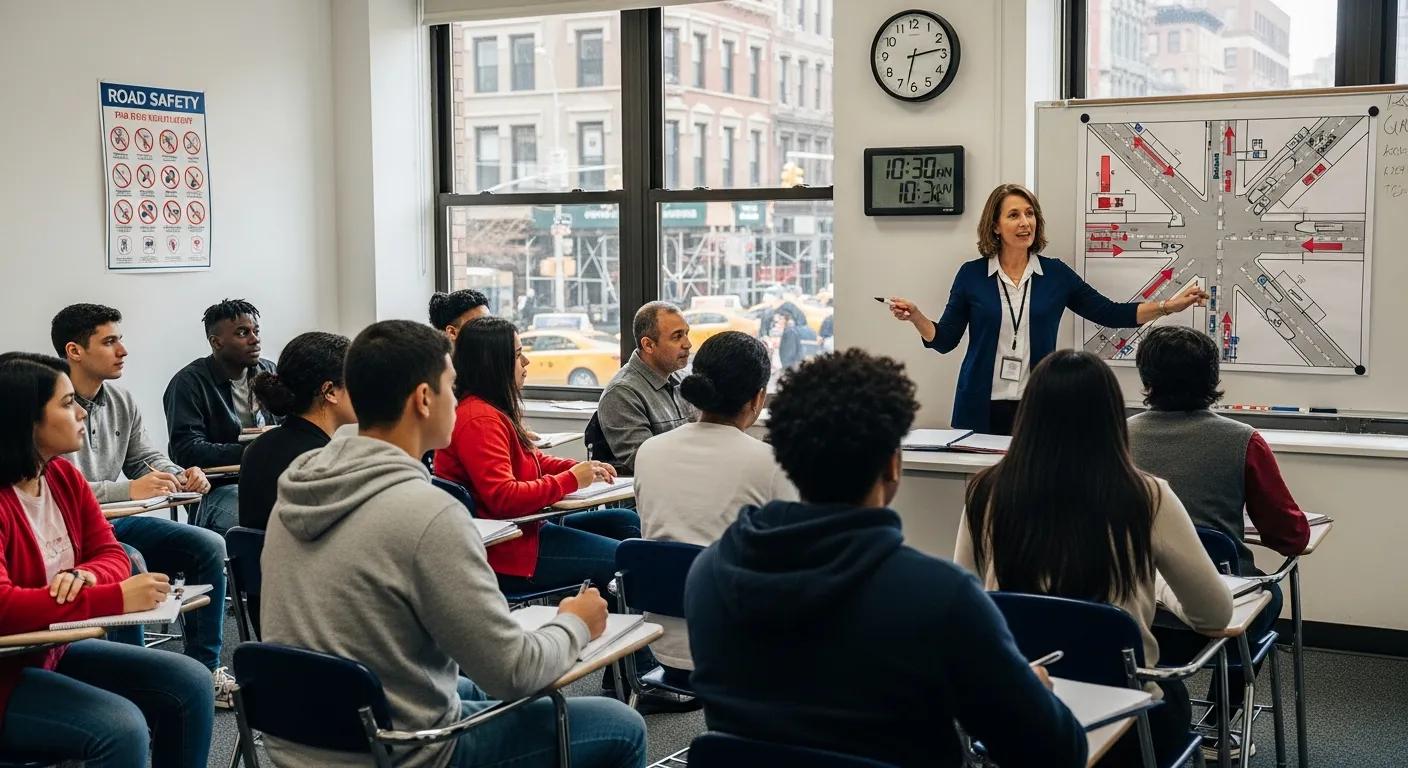 Diverse group of new drivers receiving instruction in a New York City driving school