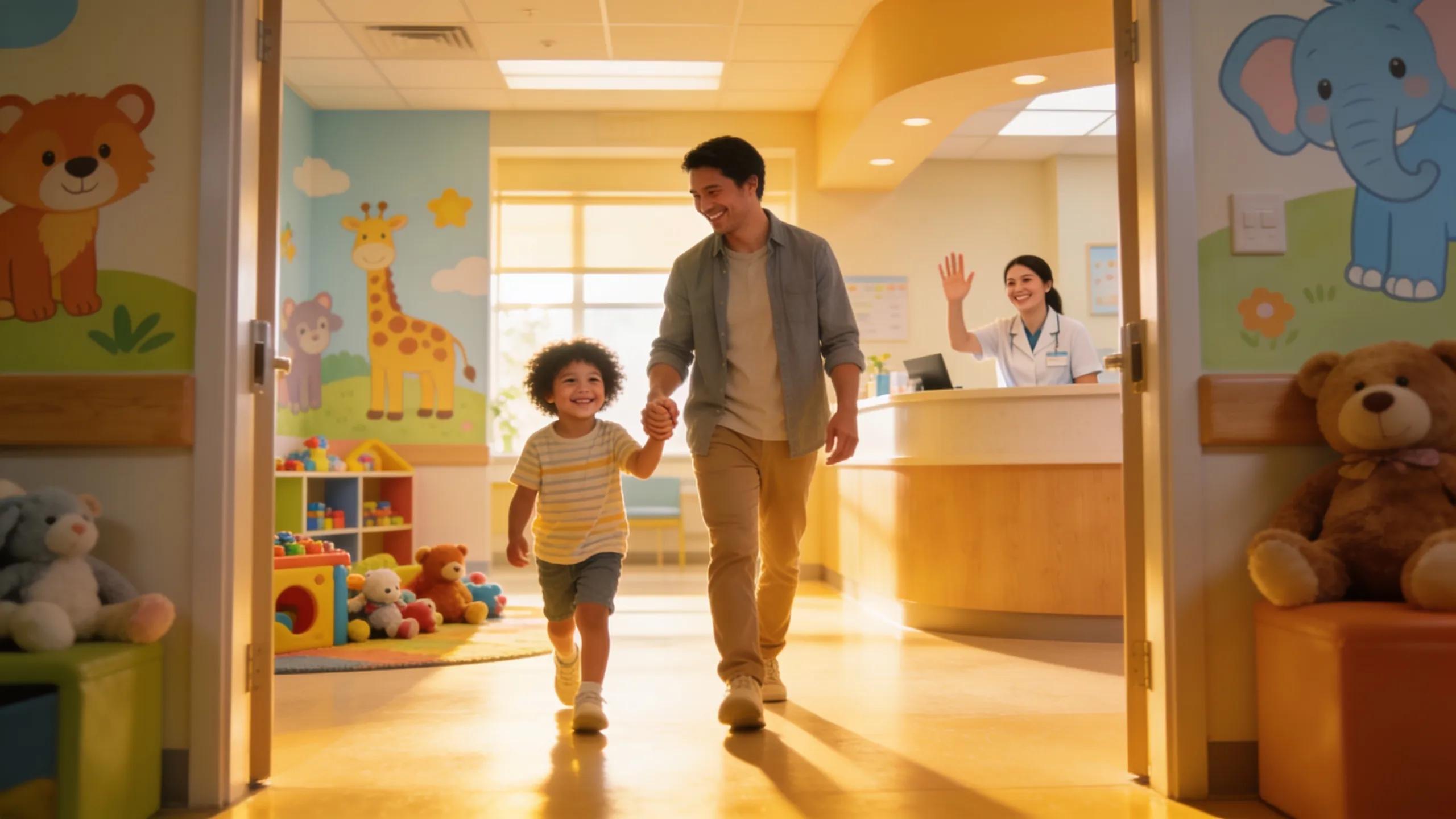 Child and parent entering a cheerful pediatric dental office, showcasing a welcoming environment for children's first dental visit Child and parent entering a cheerful pediatric dental office, showcasing a welcoming environment for children's first dental visit