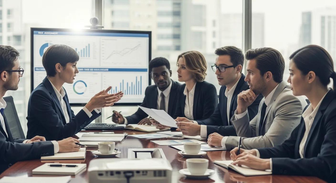 Investors discussing risk mitigation strategies in a conference room Investors discussing risk mitigation strategies in a conference room