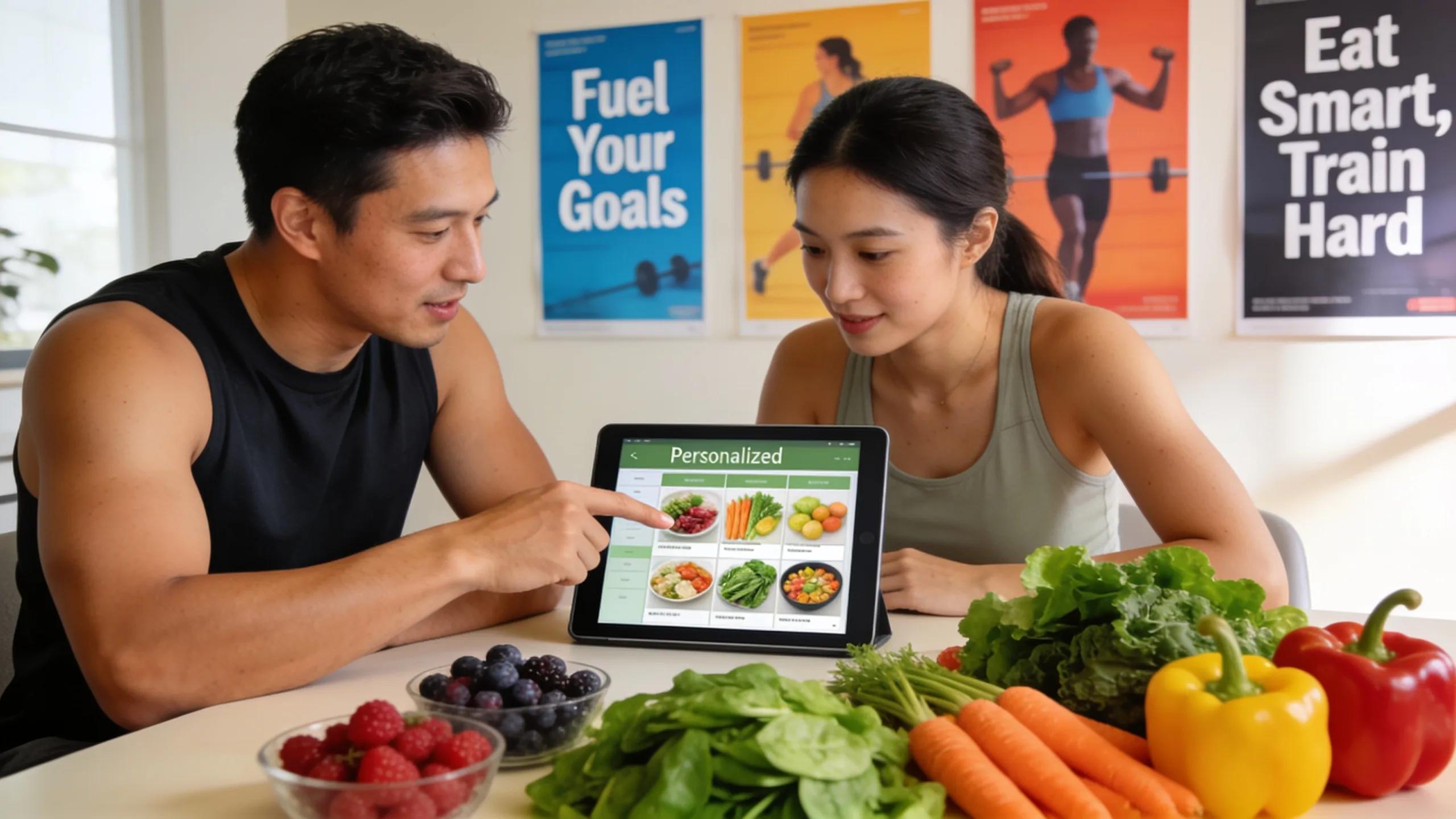 Personal trainer and client reviewing a meal plan together for fat loss and muscle gain