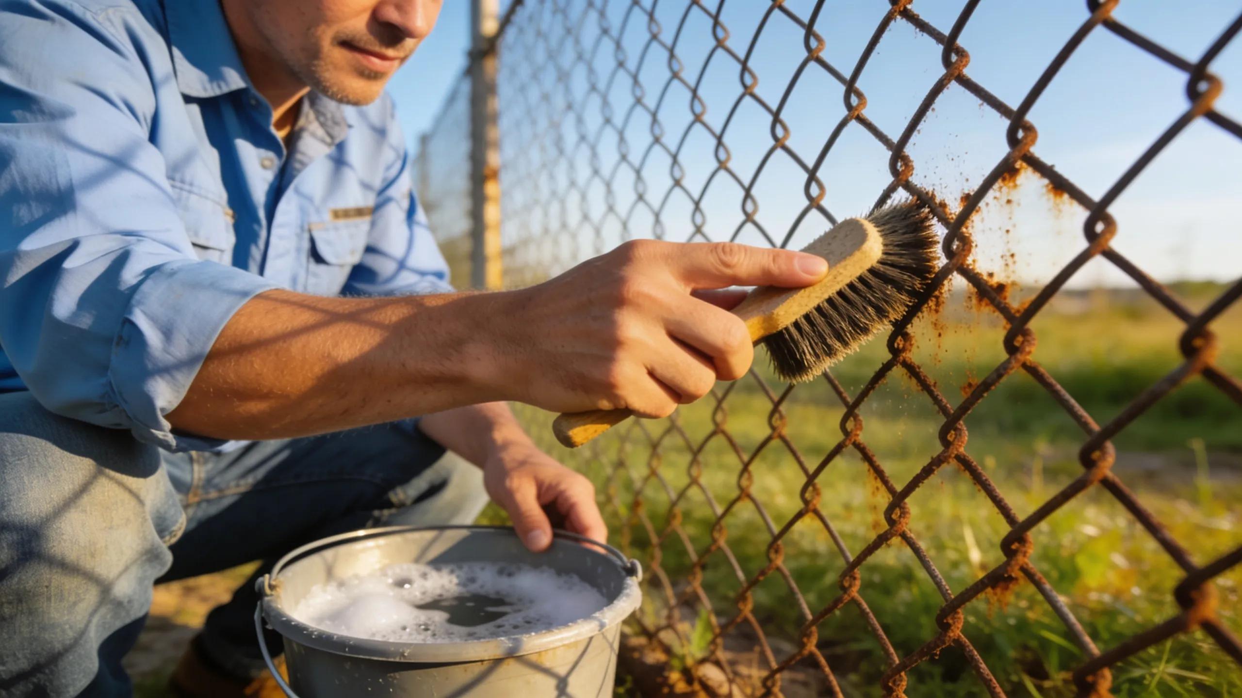 Homeowner performing maintenance on a chain link fence, inspecting and cleaning for rust