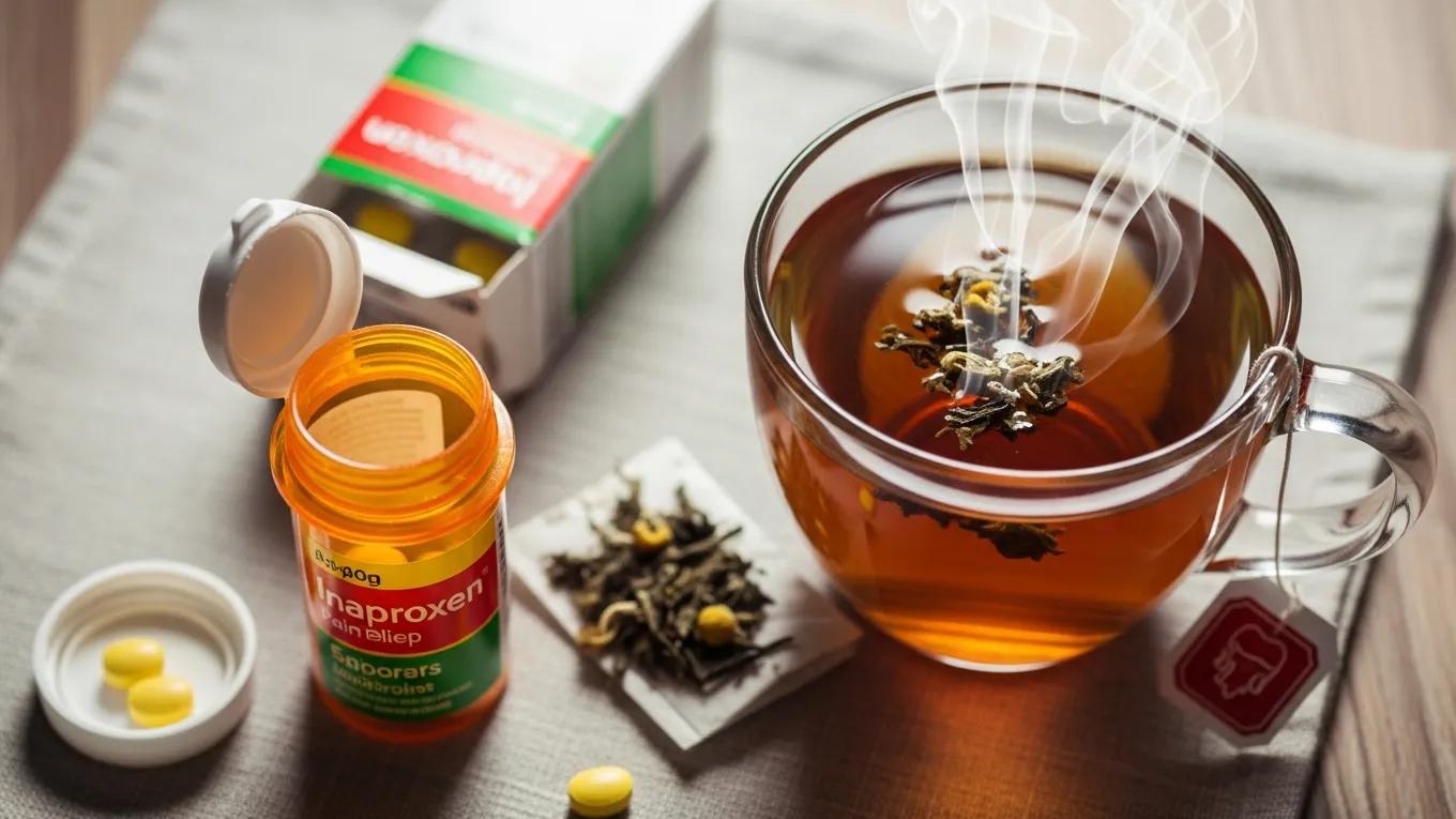 Close-up of pain relief medication and herbal tea for managing menstrual pain Close-up of pain relief medication and herbal tea for managing menstrual pain