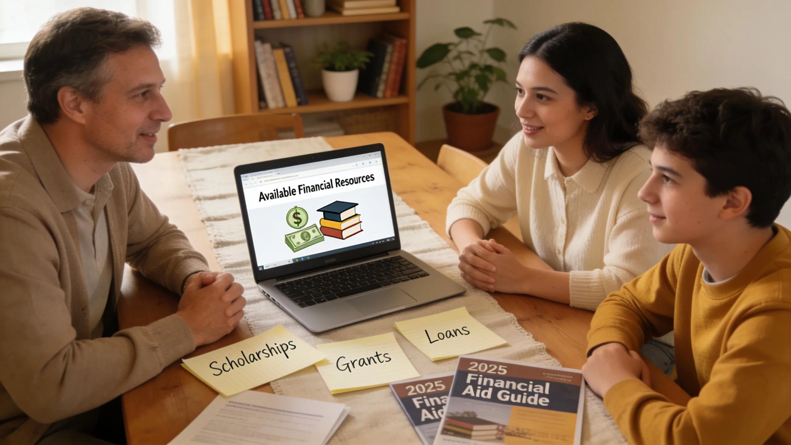Family discussing financial aid options at home with laptops and brochures