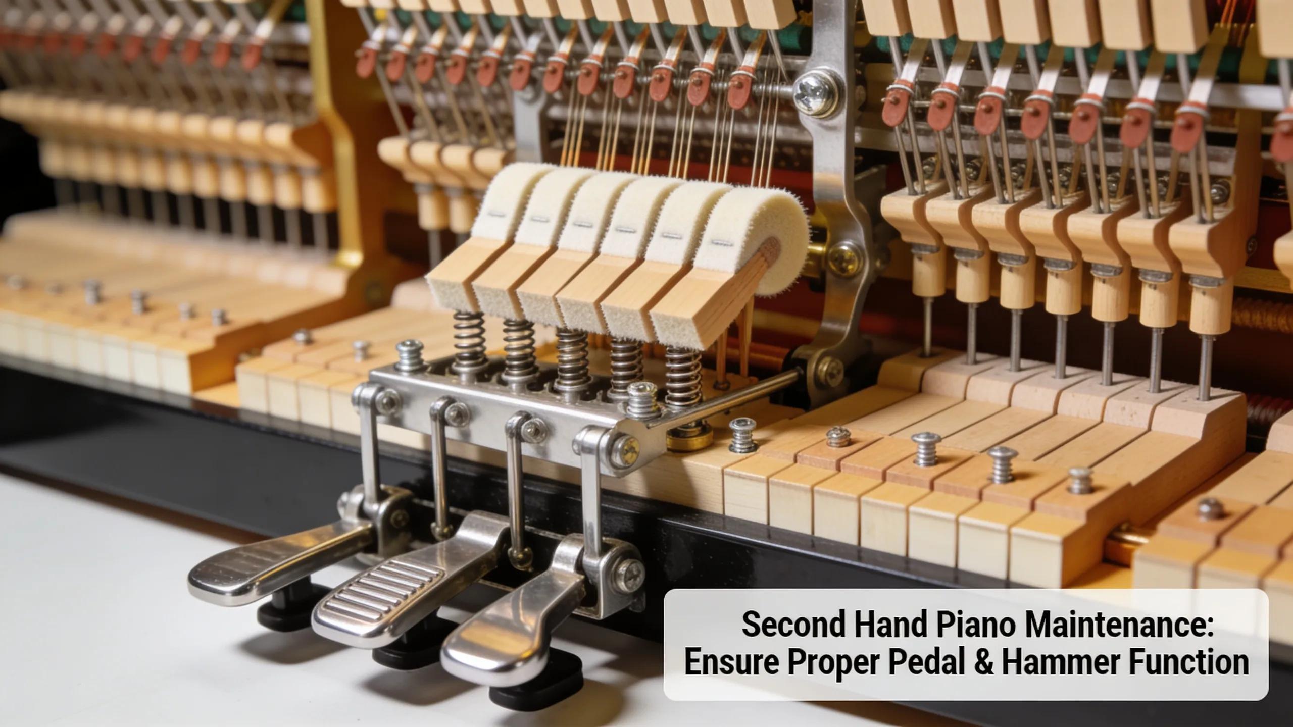 Detailed view of piano pedals and action mechanism showcasing functionality and crucial components