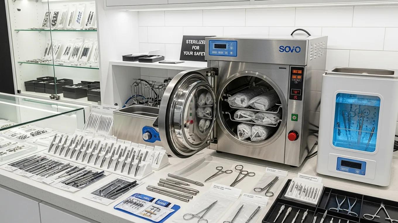 Sterilization equipment and tools in a piercing shop emphasizing hygiene standards