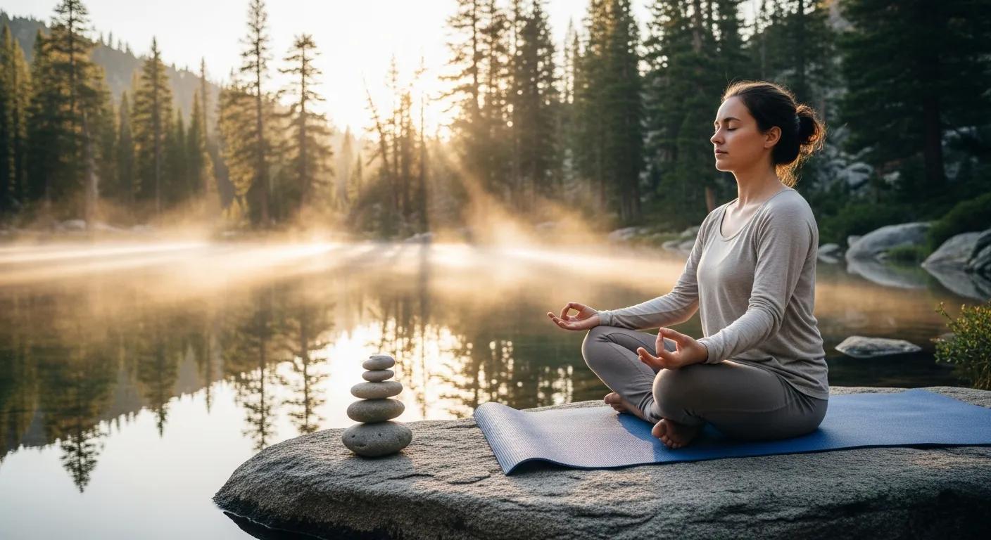 Mindful individual practicing meditation in a serene natural environment, emphasizing true wellness and intentional habits