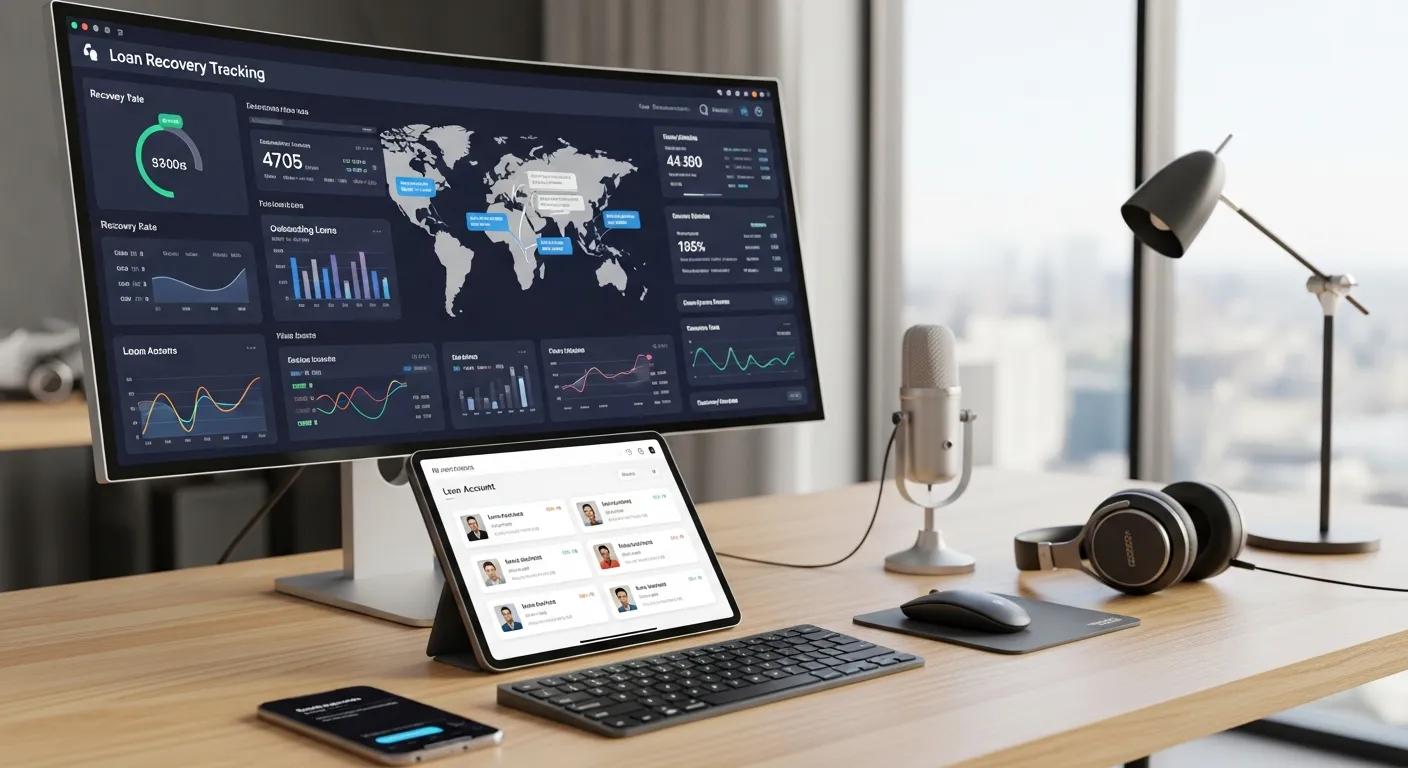 Modern workspace with technology tools for loan recovery tracking