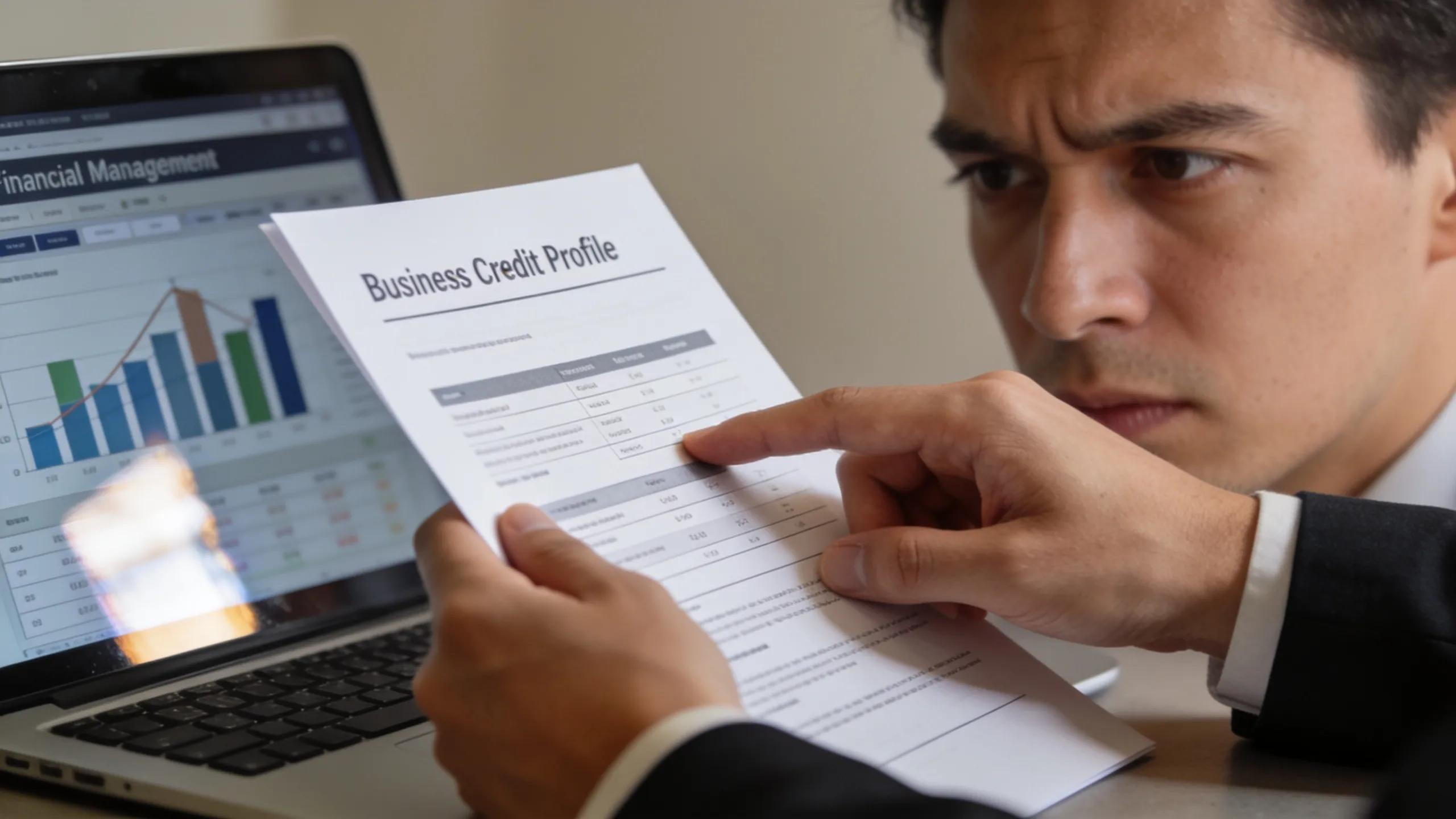 Entrepreneur reviewing business credit profile documents on a laptop and desk