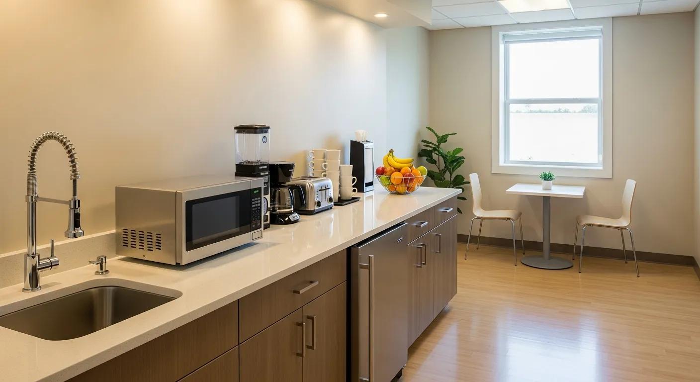 Well-maintained breakroom with clean counters and appliances Well-maintained breakroom with clean counters and appliances