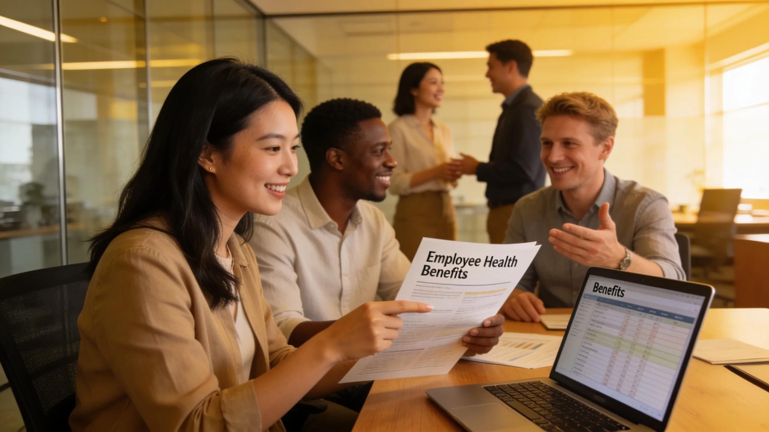 Diverse professionals discussing employee health insurance benefits in a modern office