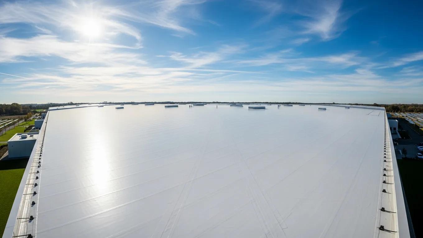 A finished, reflective white-coated roof from a distance — visually reinforces "long-term protection/energy savings" without needing a chart or data visual.