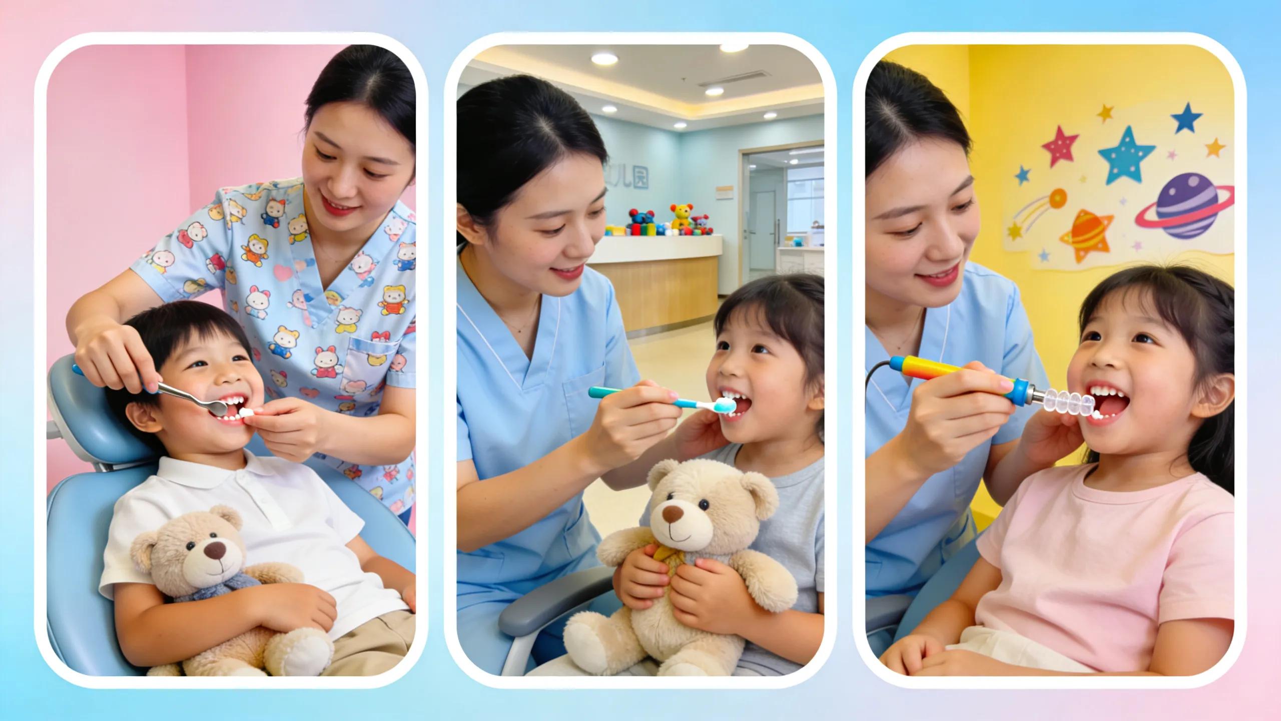 Collage of pediatric dental services including cleaning, fluoride treatments, and sealants