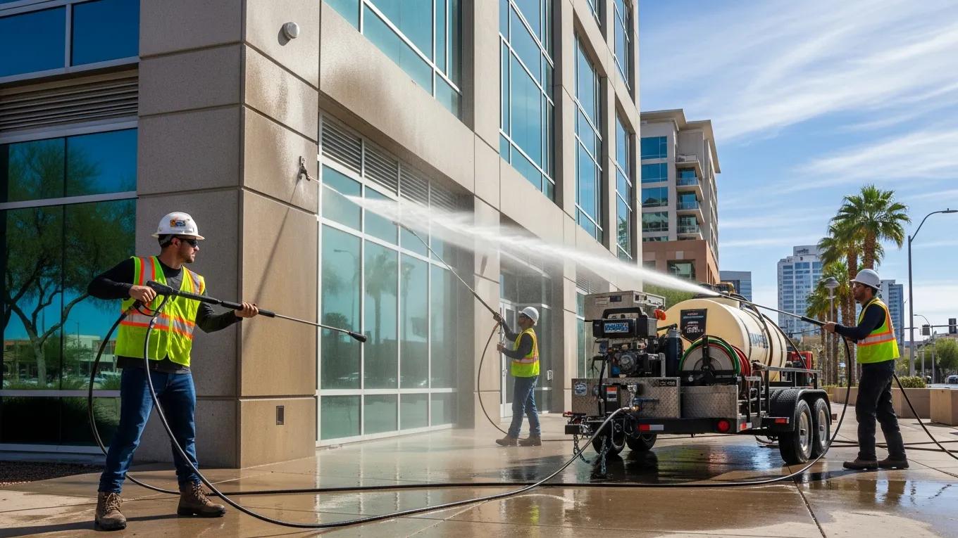 Professional pressure washing team cleaning a commercial building in Phoenix