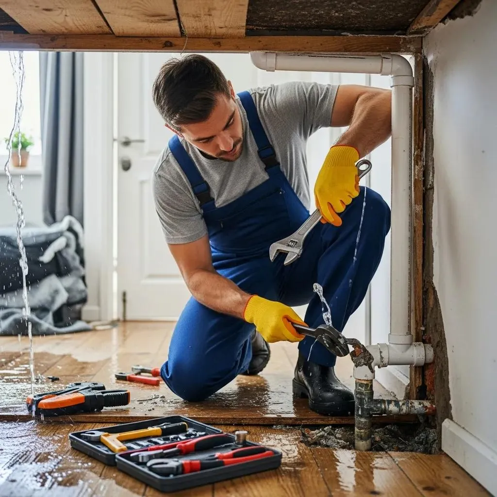 Plumber performing drain cleaning in a kitchen, emphasizing plumbing maintenance and health