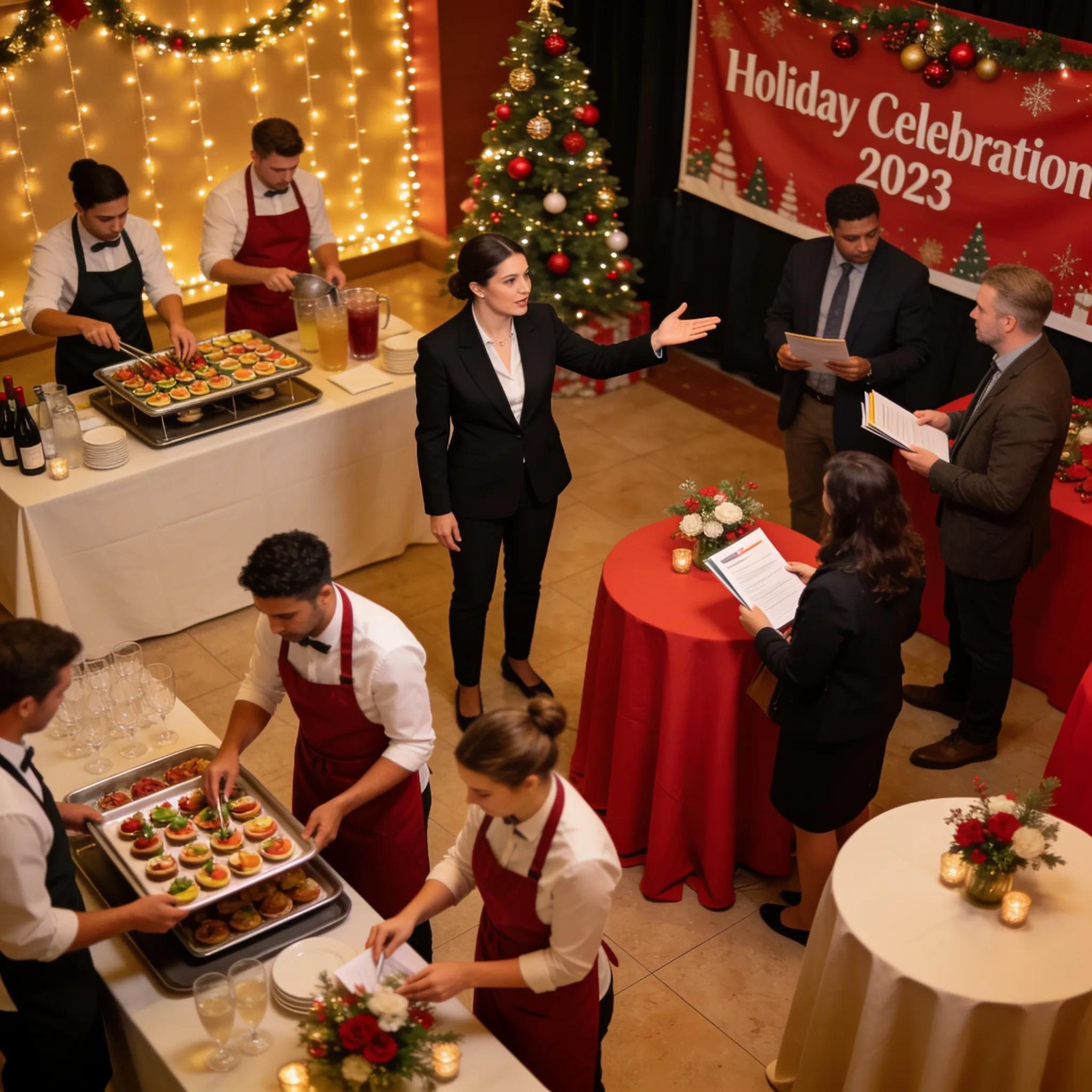 Professional event coordinator managing a lively holiday office party setup