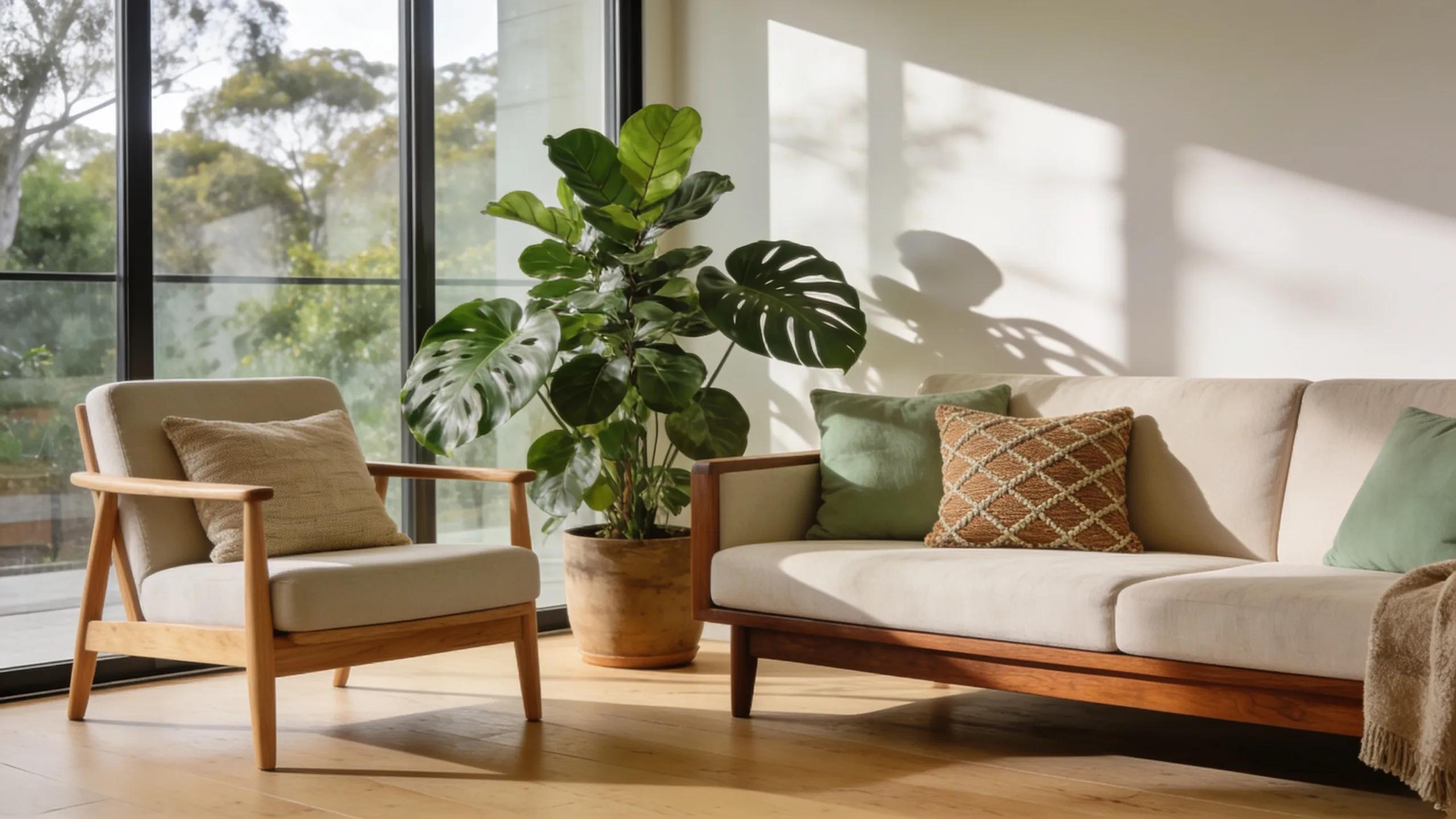 Contemporary Australian wooden furniture in a bright living room, showcasing clean lines and minimalistic design