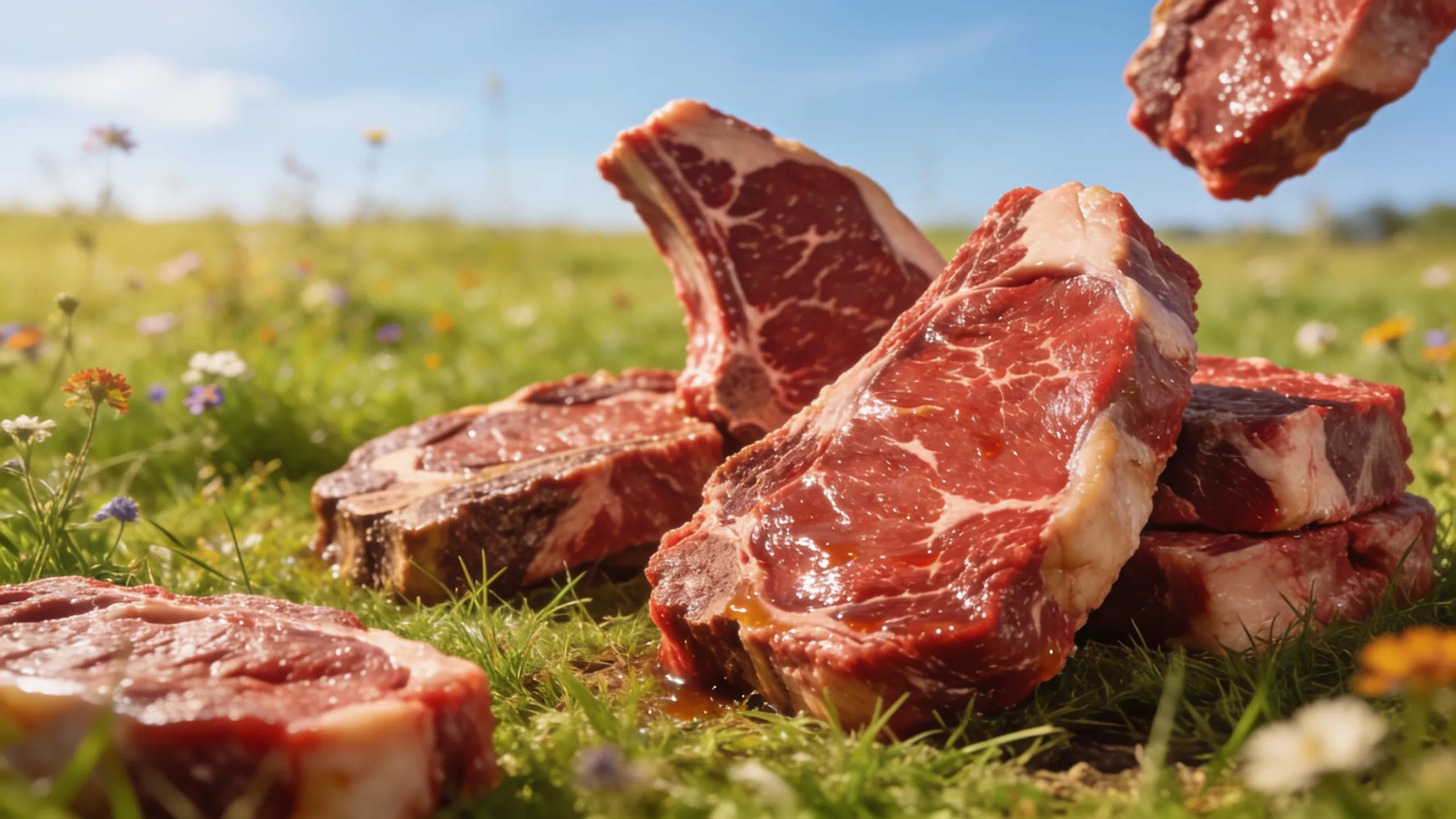 Assorted grass-fed meat cuts displayed on a surface with a natural green pasture backdrop, highlighting quality and health benefits