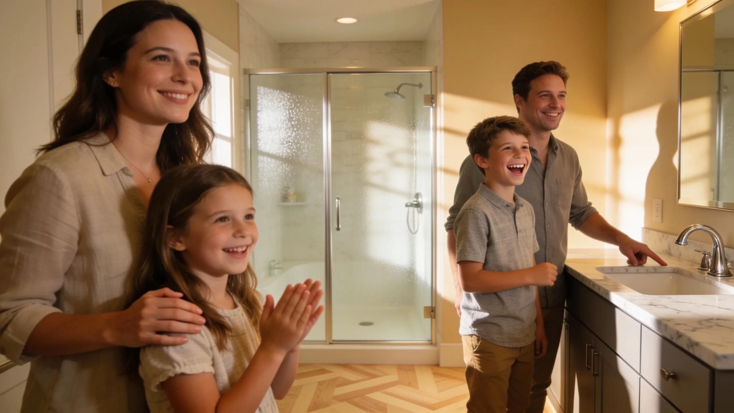 Happy family in renovated bathroom showcasing customer satisfaction