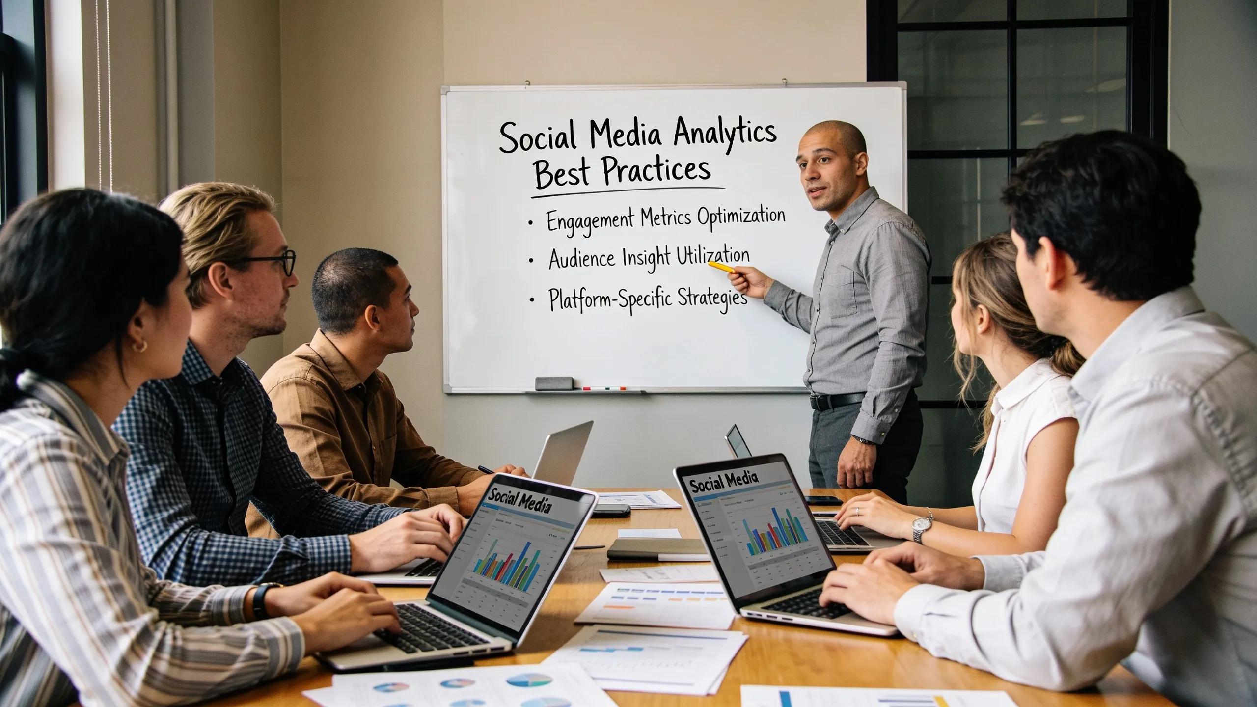Business team discussing best practices for social media analytics in a strategy meeting