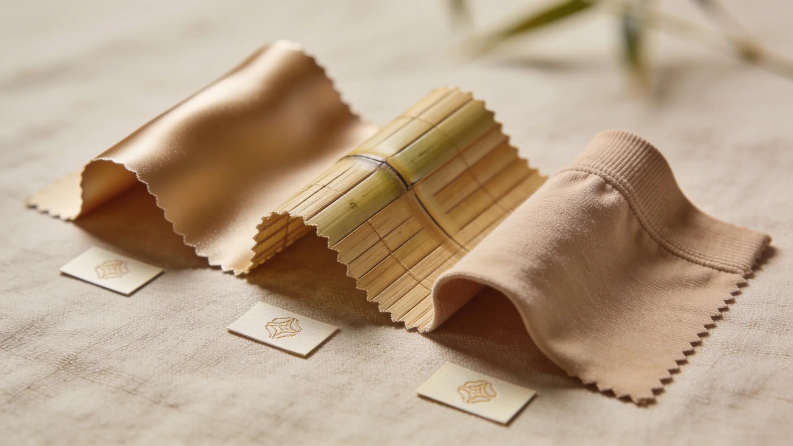 Different bamboo fabric samples demonstrating sateen, twill, and jersey weaves, showcasing their textures and finishes