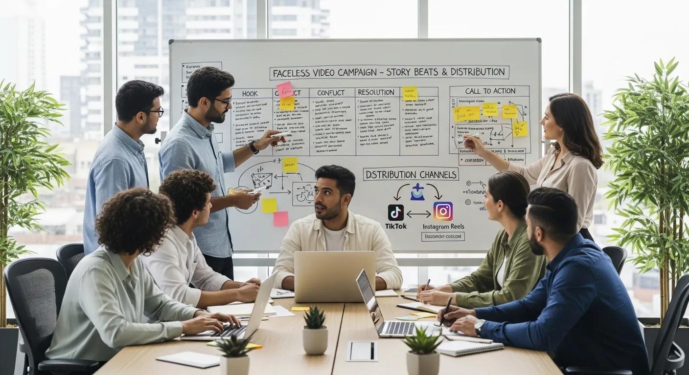 Team planning a faceless video campaign, mapping story beats and distribution channels Team planning a faceless video campaign, mapping story beats and distribution channels