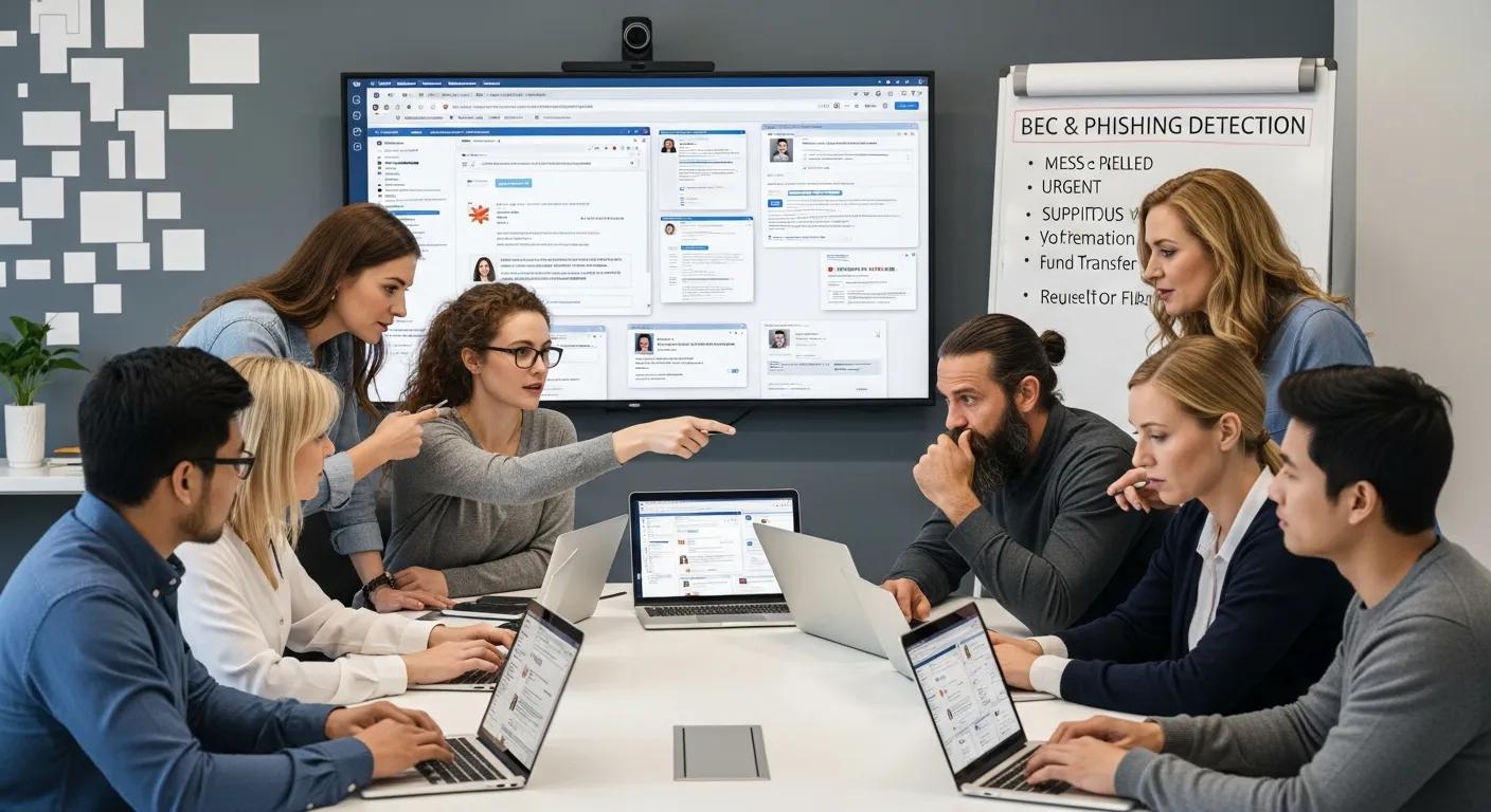 Team in a cybersecurity training session practicing how to spot BEC and phishing emails