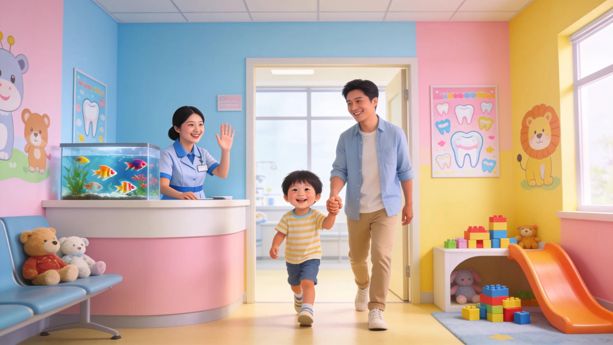 Child and parent entering a cheerful pediatric dental office, showcasing a welcoming environment for children's first dental visit Child and parent entering a cheerful pediatric dental office, showcasing a welcoming environment for children's first dental visit