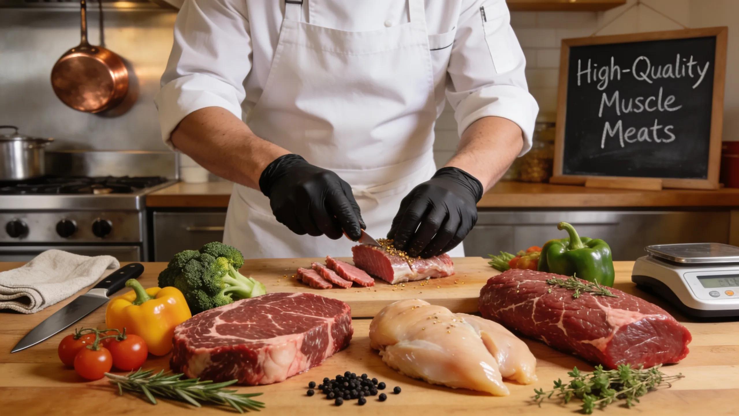 Chef preparing premium cuts of muscle meats alongside fresh vegetables, illustrating culinary preparation for health benefits