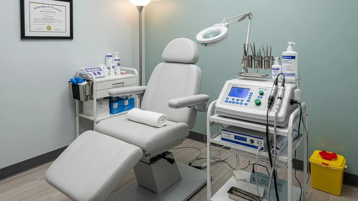 Electrolysis treatment room with professional equipment and chair