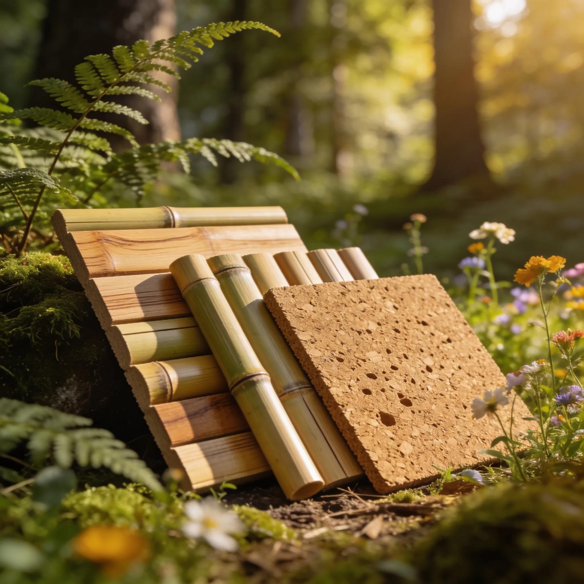 Sustainable flooring choices—bamboo and cork displayed outdoors
