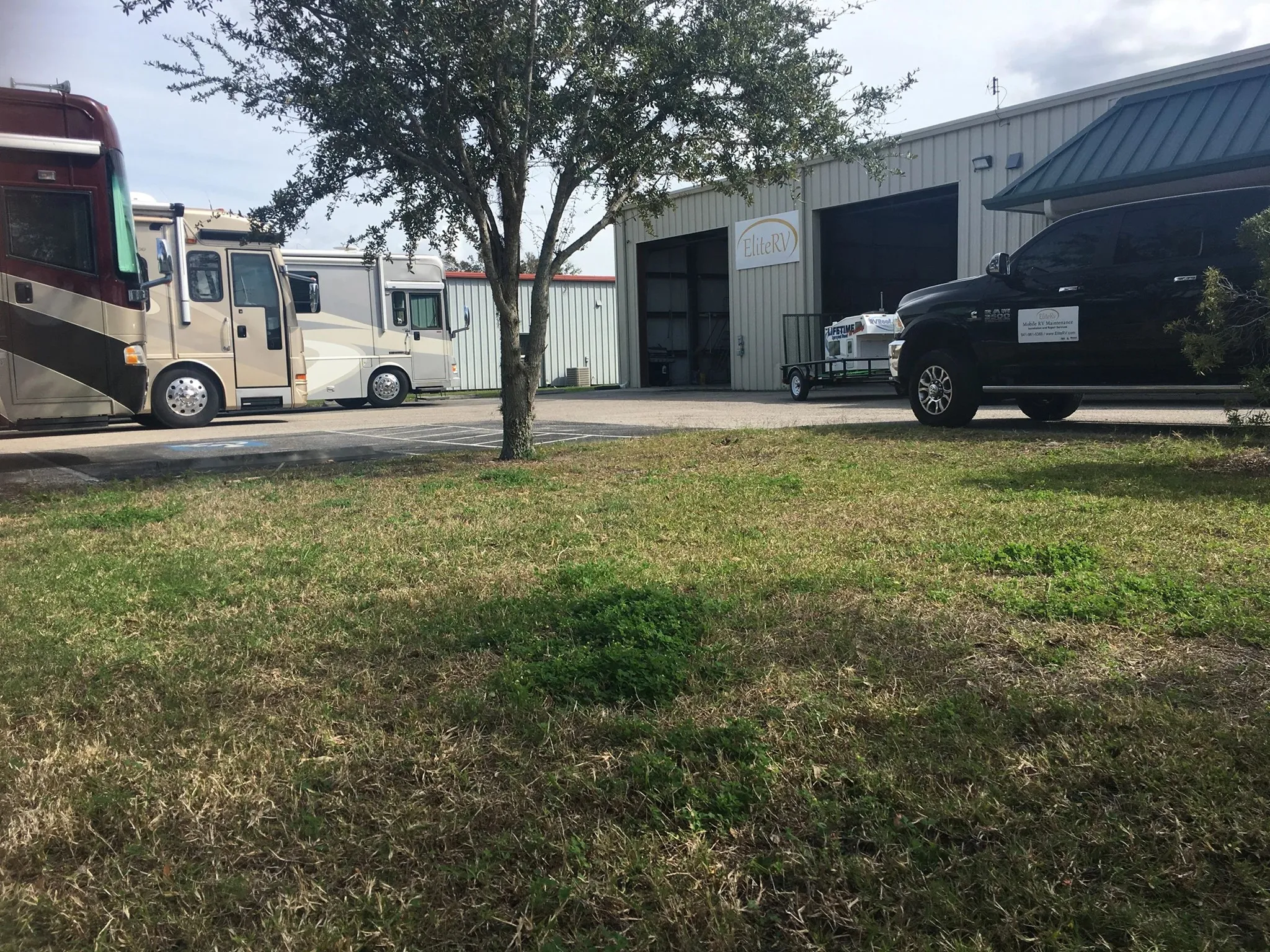 EliteRV facility exterior in Palmetto, FL — professional RV service center with RVs parked on site